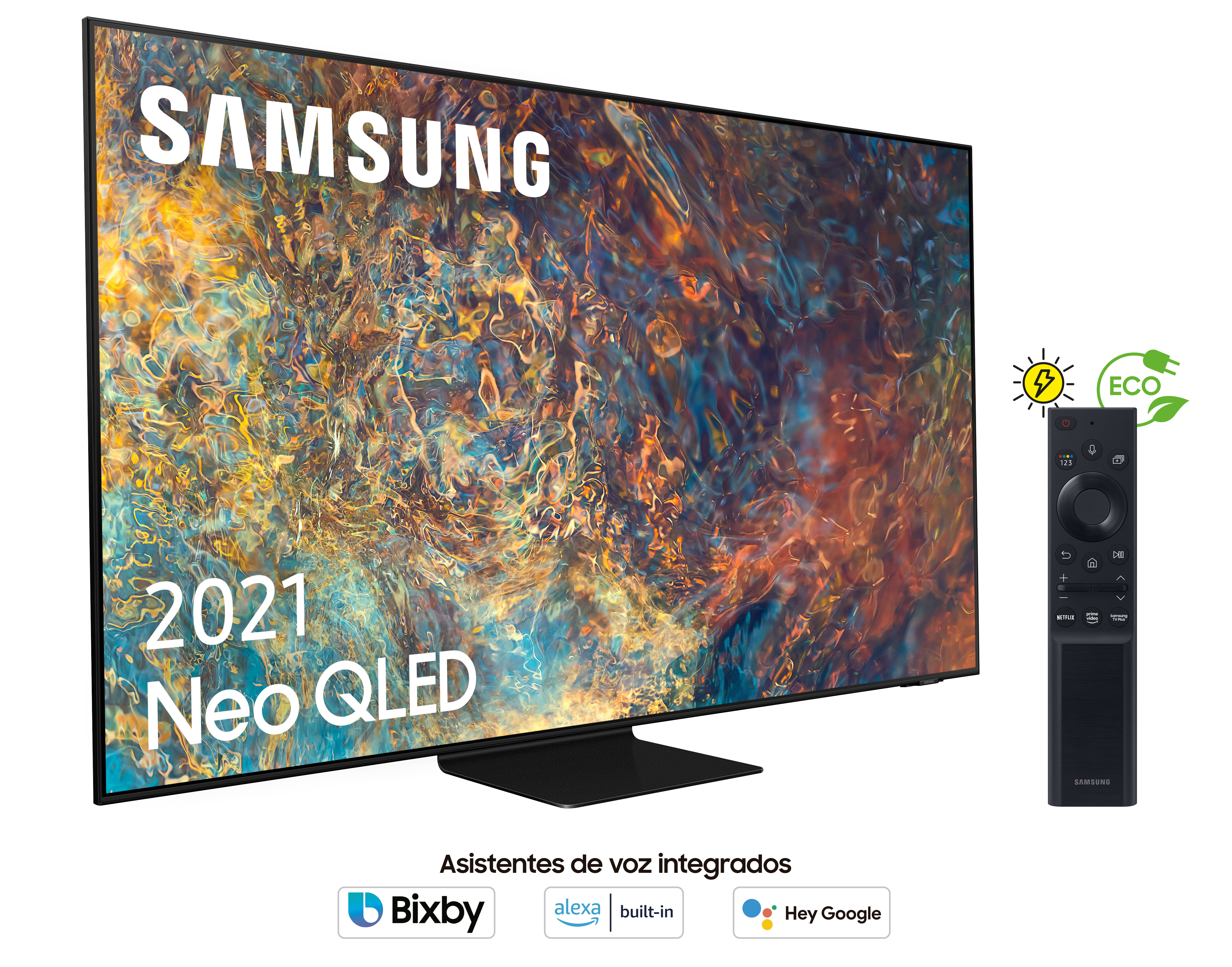 Televisor Samsung Neo QLED grande, mando a distancia negro e iconos de asistentes de voz.