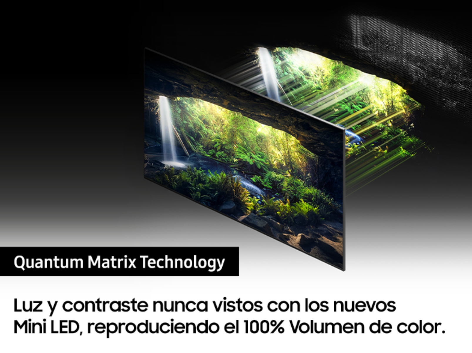 Una pantalla de TV curva con una escena de paisaje, con efectos de luz.