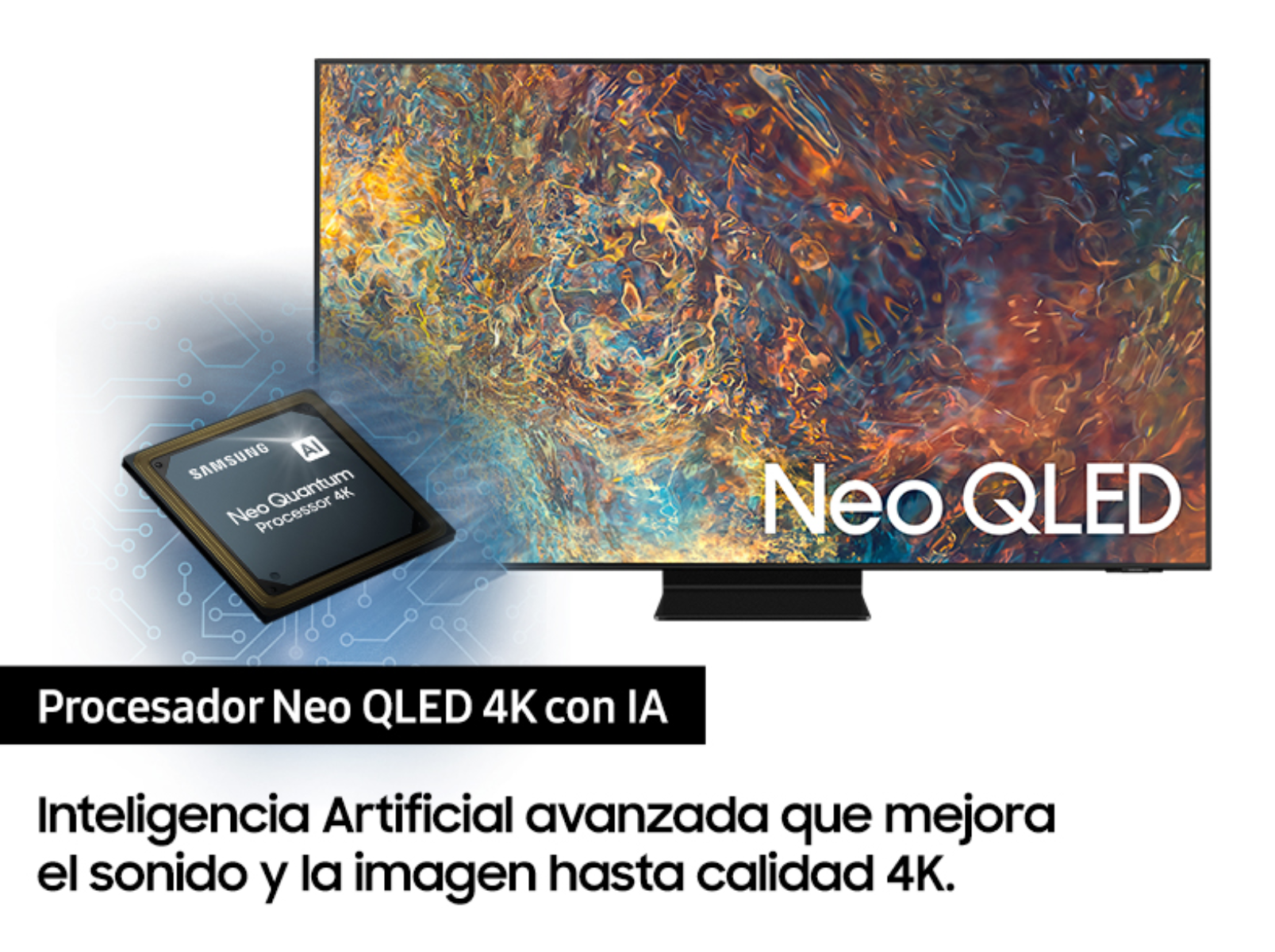 TV Samsung Neo QLED 4K con procesador. Texto muestra 'Neo QLED' y descripción de tecnología.