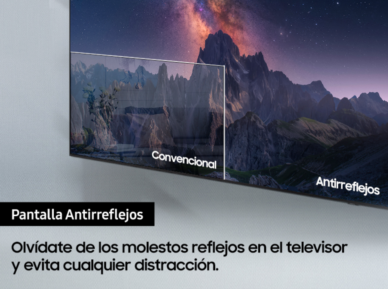 Pantalla de TV muestra escena de montaña y texto. Pantalla antirreflectante.
