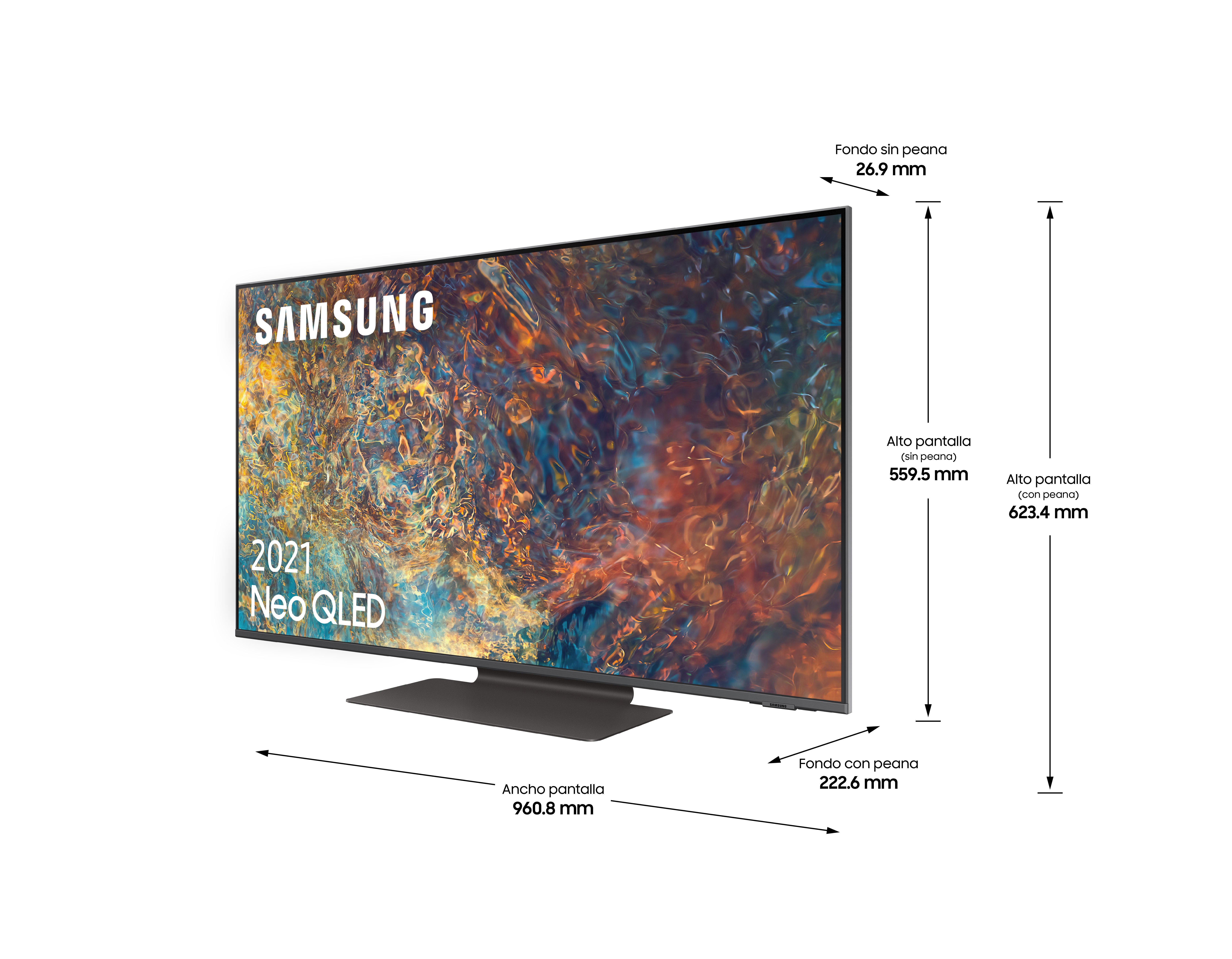 Un televisor Samsung 2021 Neo QLED, con dimensiones mostradas. Es negro con un soporte.