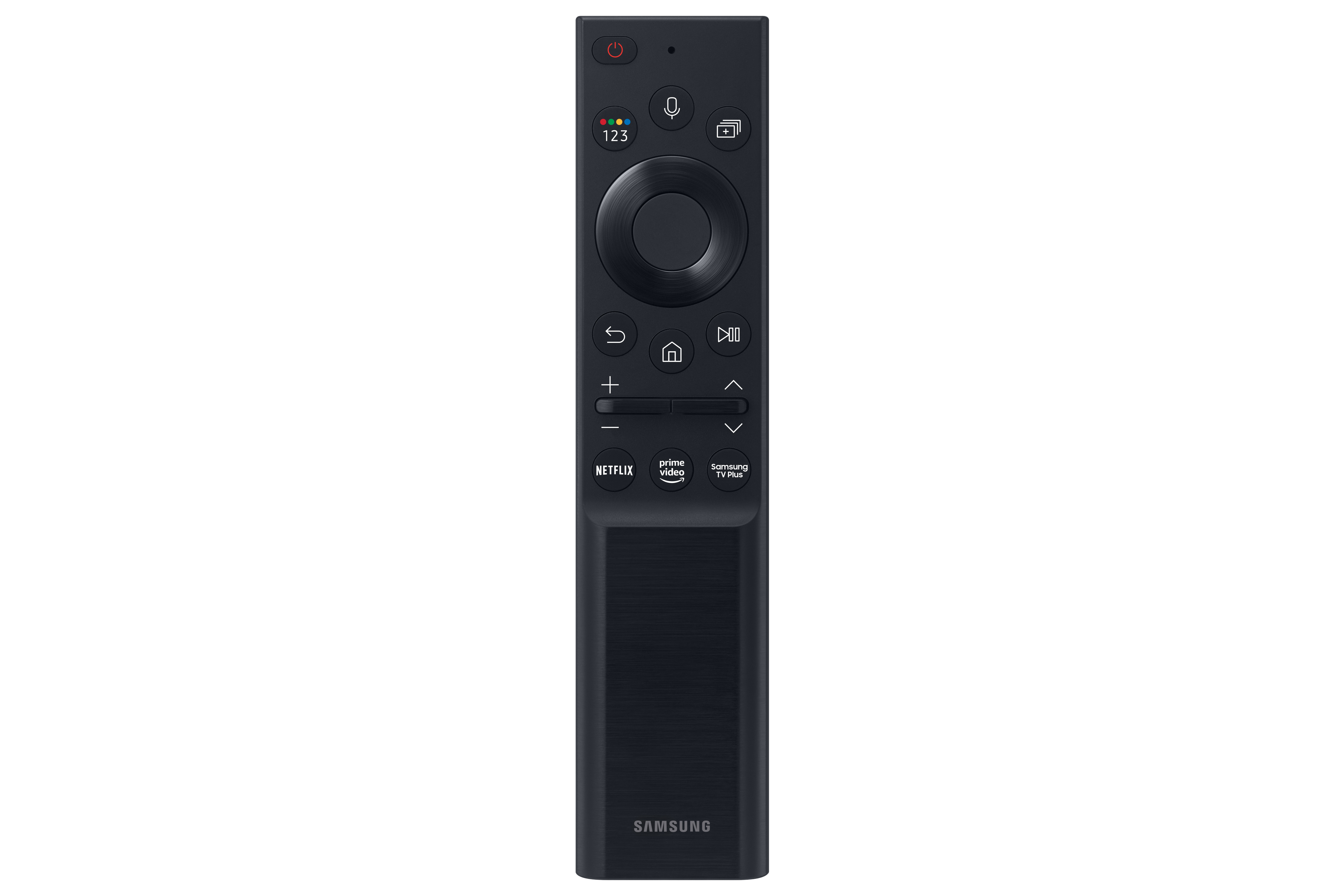 Mando a distancia Samsung negro con botones y panel de navegación circular.