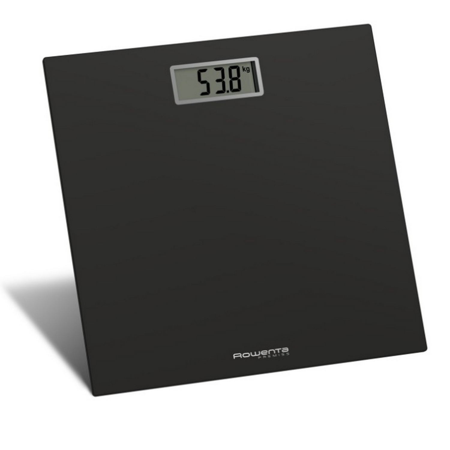 Báscula digital negra que muestra 53,8 kg, con el logo 'Rowenta'.