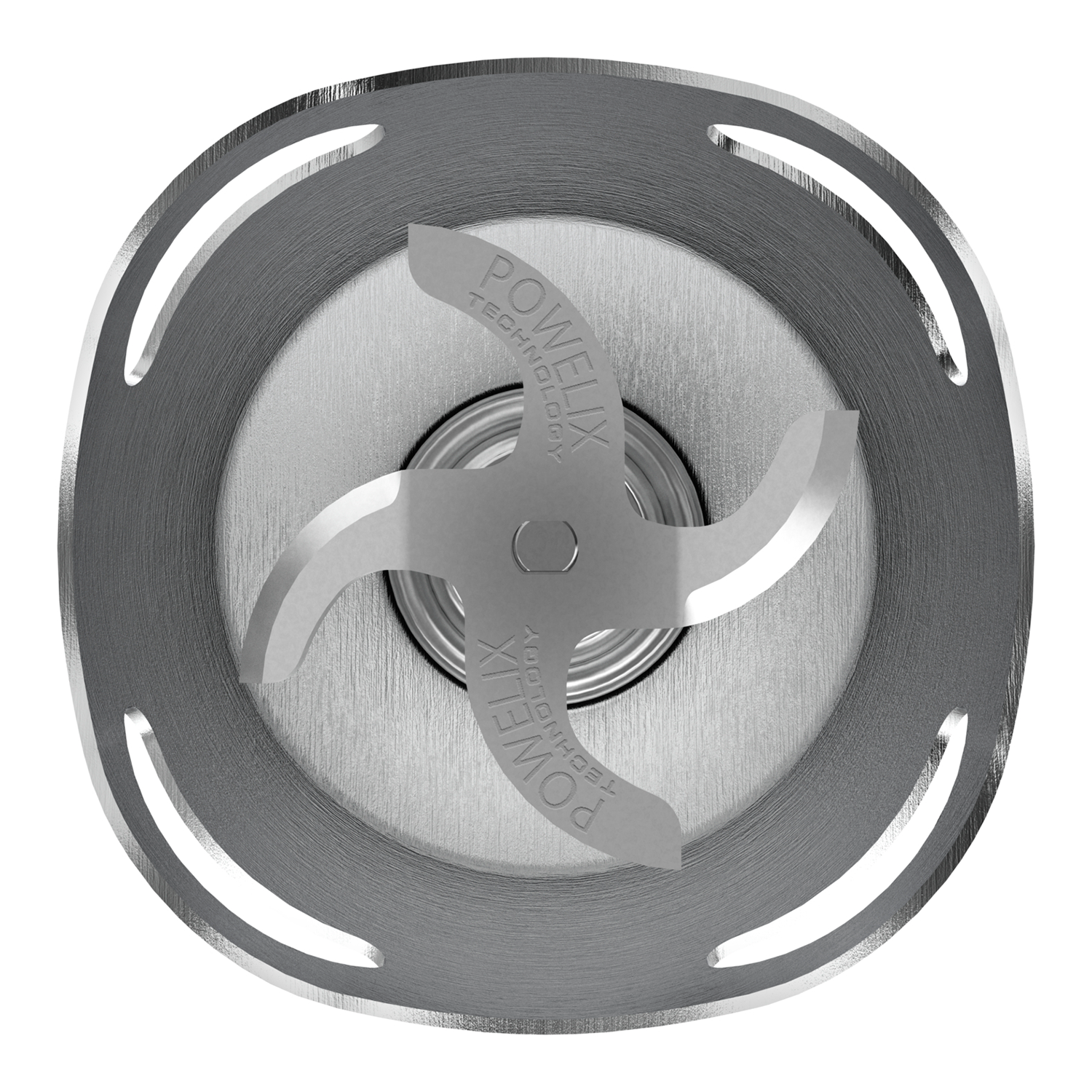 Close up of a blender blade. Silver blades with the words "Powelix technology" on them.