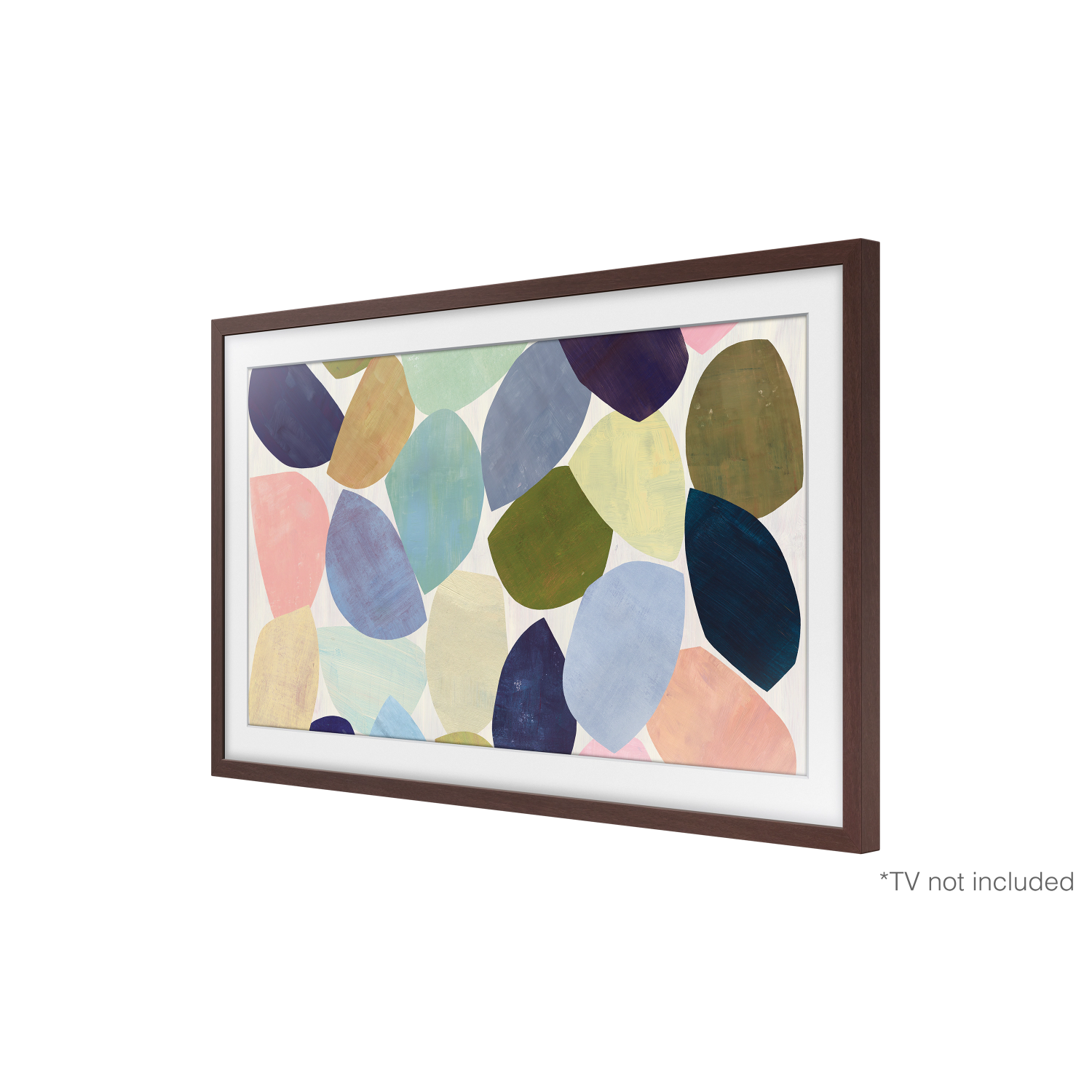 Obra de arte con formas abstractas coloridas enmarcada en un marco de madera marrón.