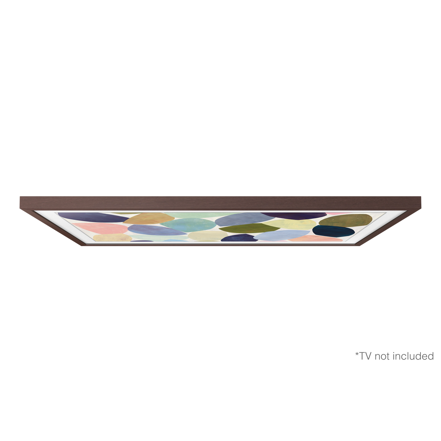 Obra rectangular con marco de madera. La pieza presenta formas coloridas y redondeadas sobre fondo blanco.