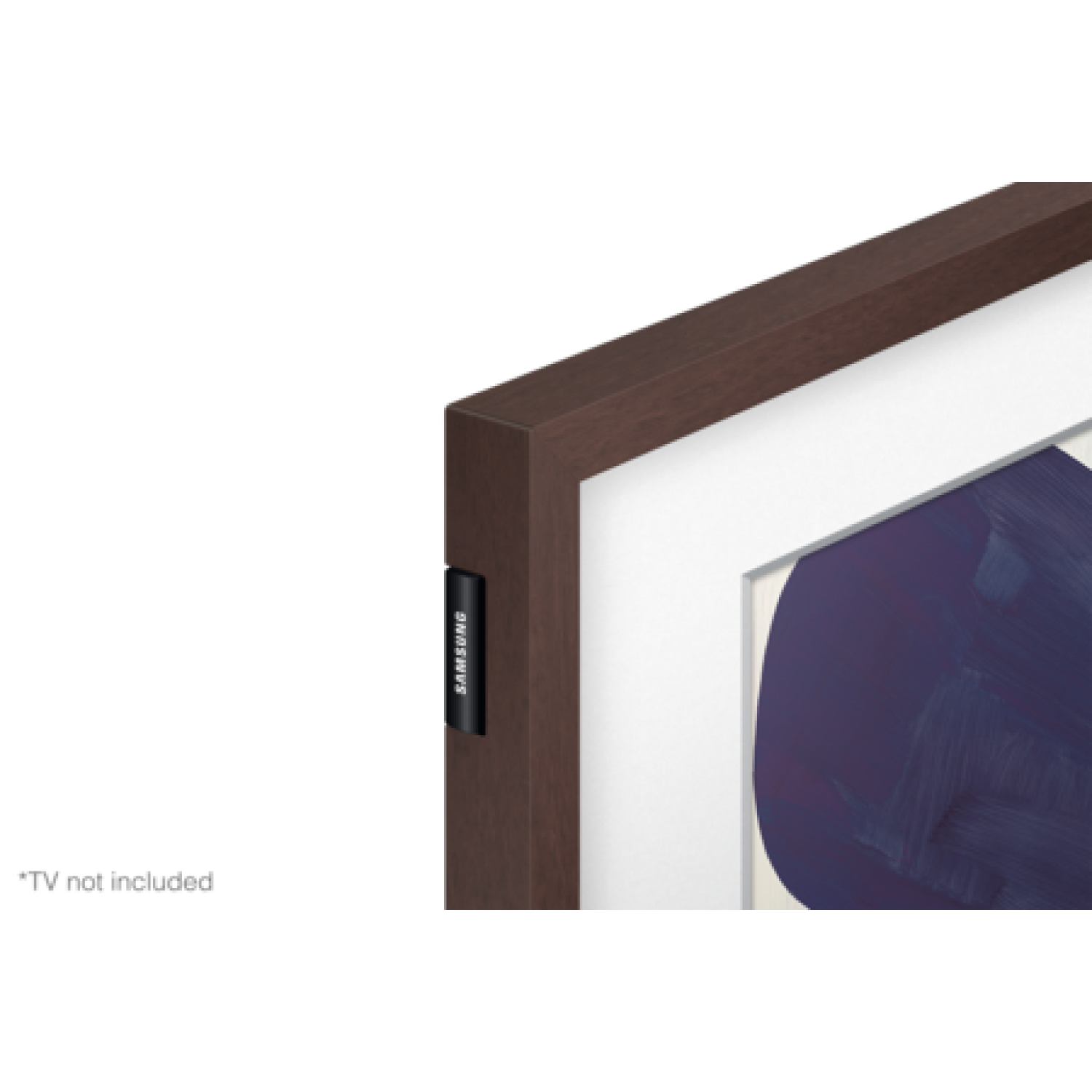 Una obra de arte enmarcada, con marco de madera oscura y pintura abstracta moderna.