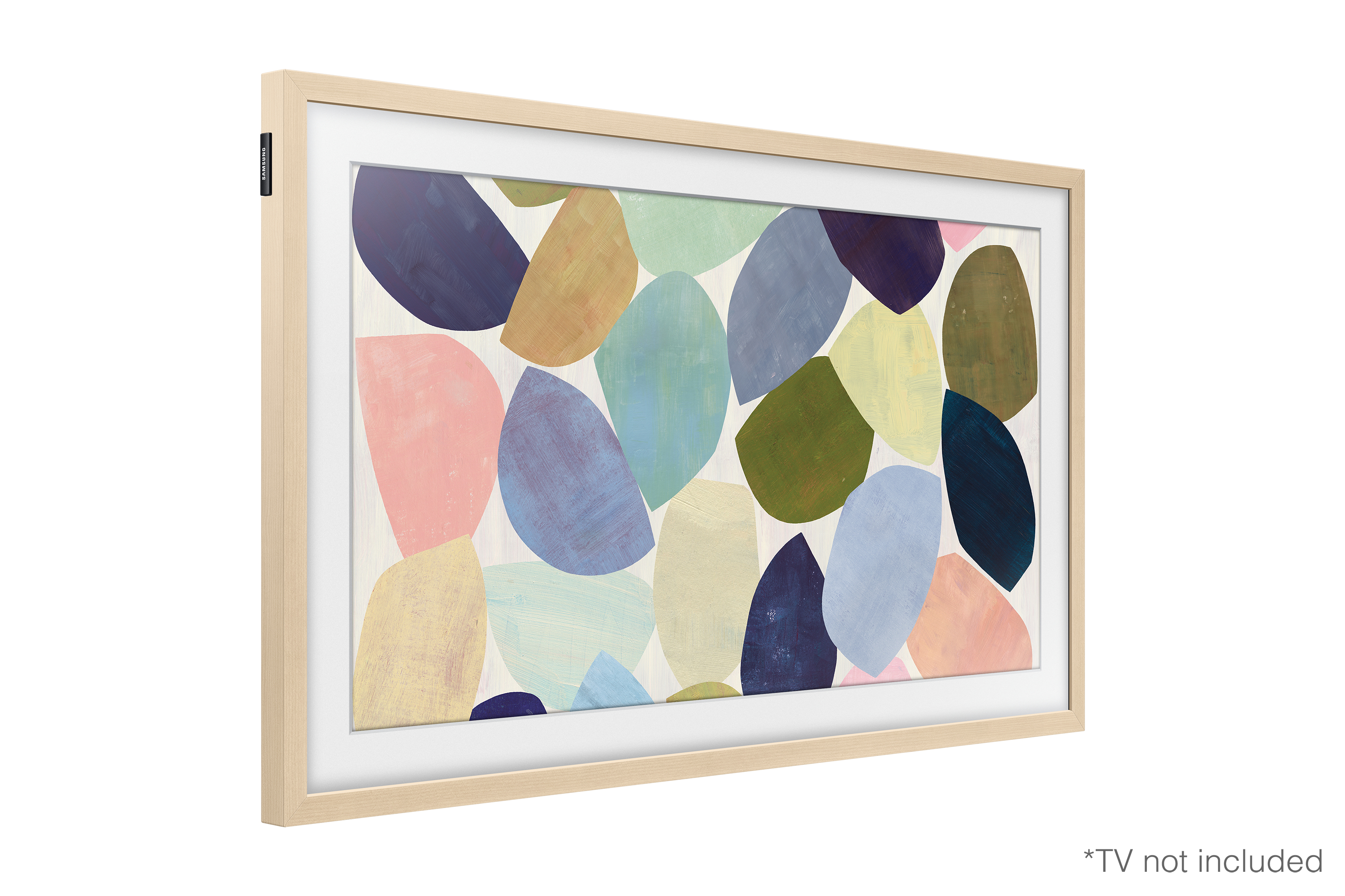 Pantalla de arte digital enmarcada con formas abstractas coloridas en un marco de madera clara.