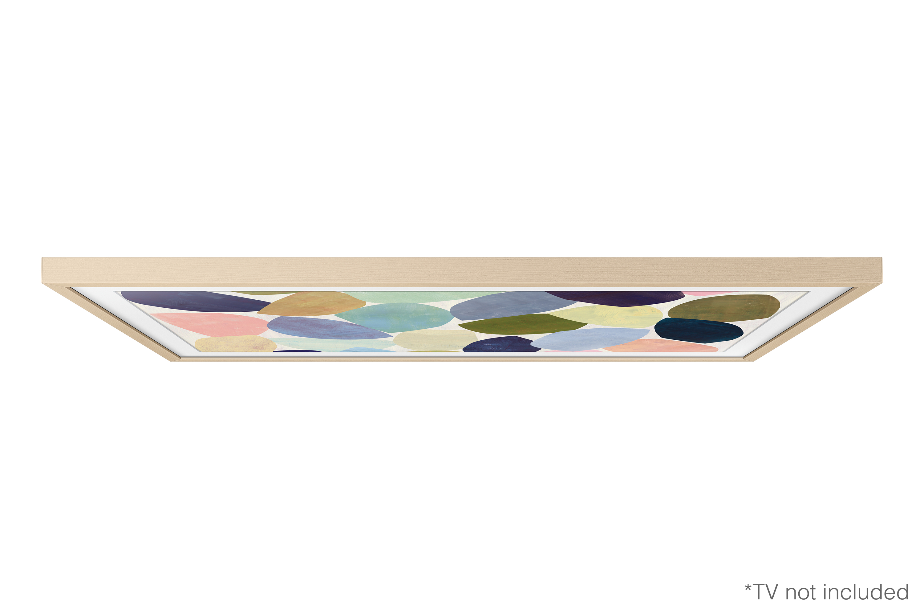 Un marco de TV rectangular con obras de arte abstractas coloridas. El fondo es blanco.