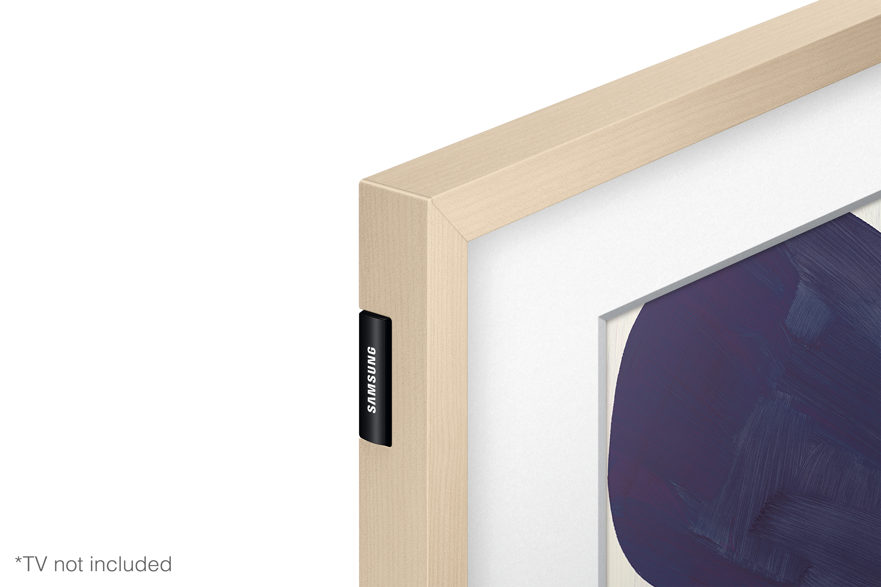 Primer plano de una esquina de un marco de fotos de madera con un accesorio negro de Samsung.