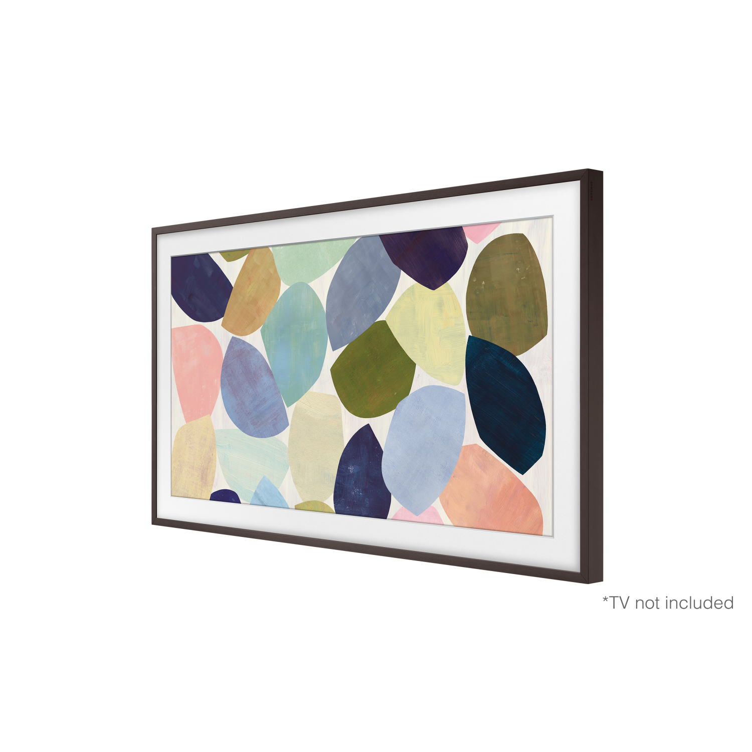 Arte abstracto en un televisor enmarcado. Se muestran varias formas ovaladas en colores apagados.
