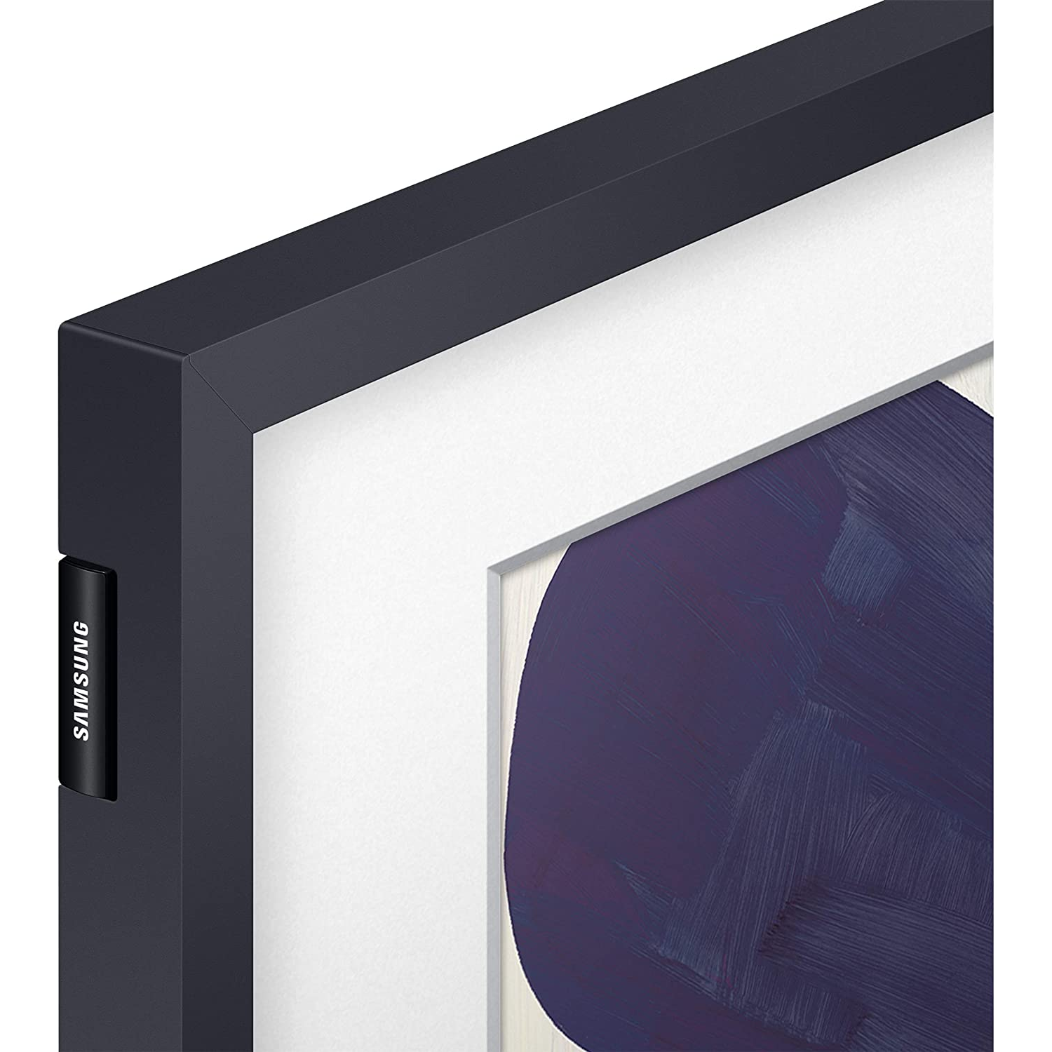 Esquina de una pantalla de TV con marco azul oscuro, mostrando arte abstracto y círculo morado.