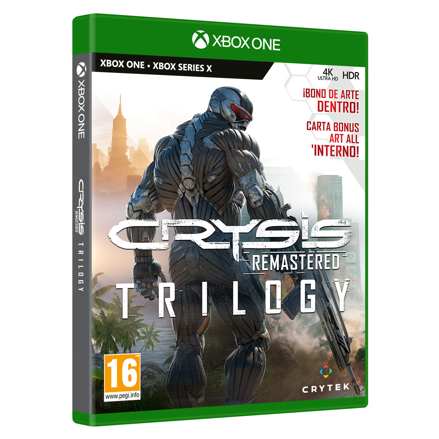 Caja del juego Crysis Trilogy Remastered. Un cíborg frente a una ciudad, con una pistola.