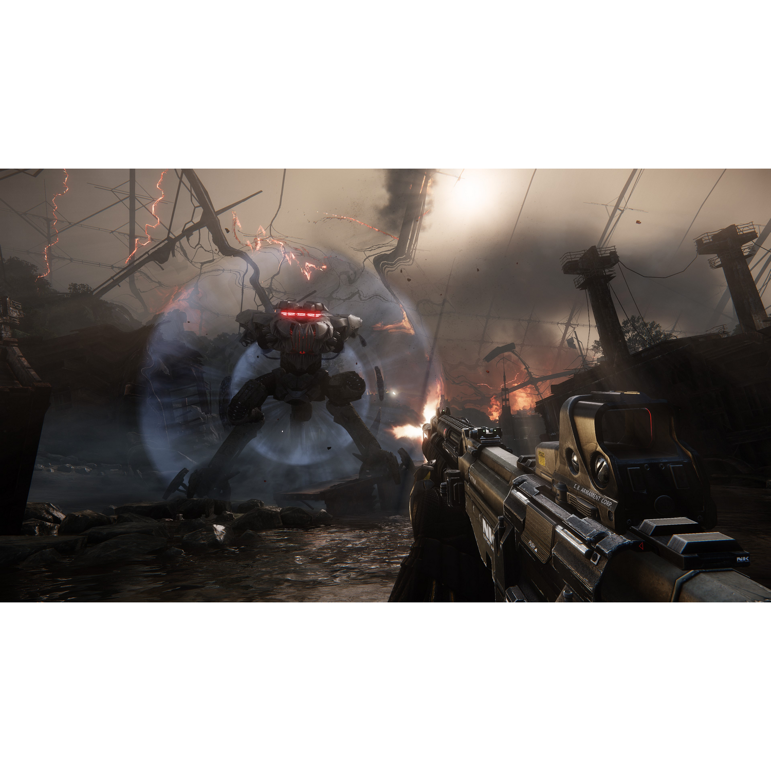Escena de juego de disparos en primera persona con un robot y un soldado disparando un rifle.