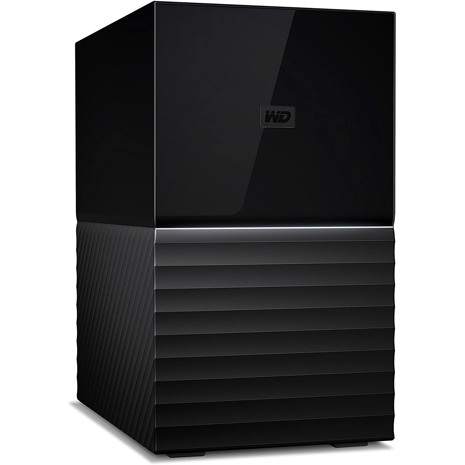 Un disco duro externo negro, cuboidal, con el logotipo de WD en la parte superior.