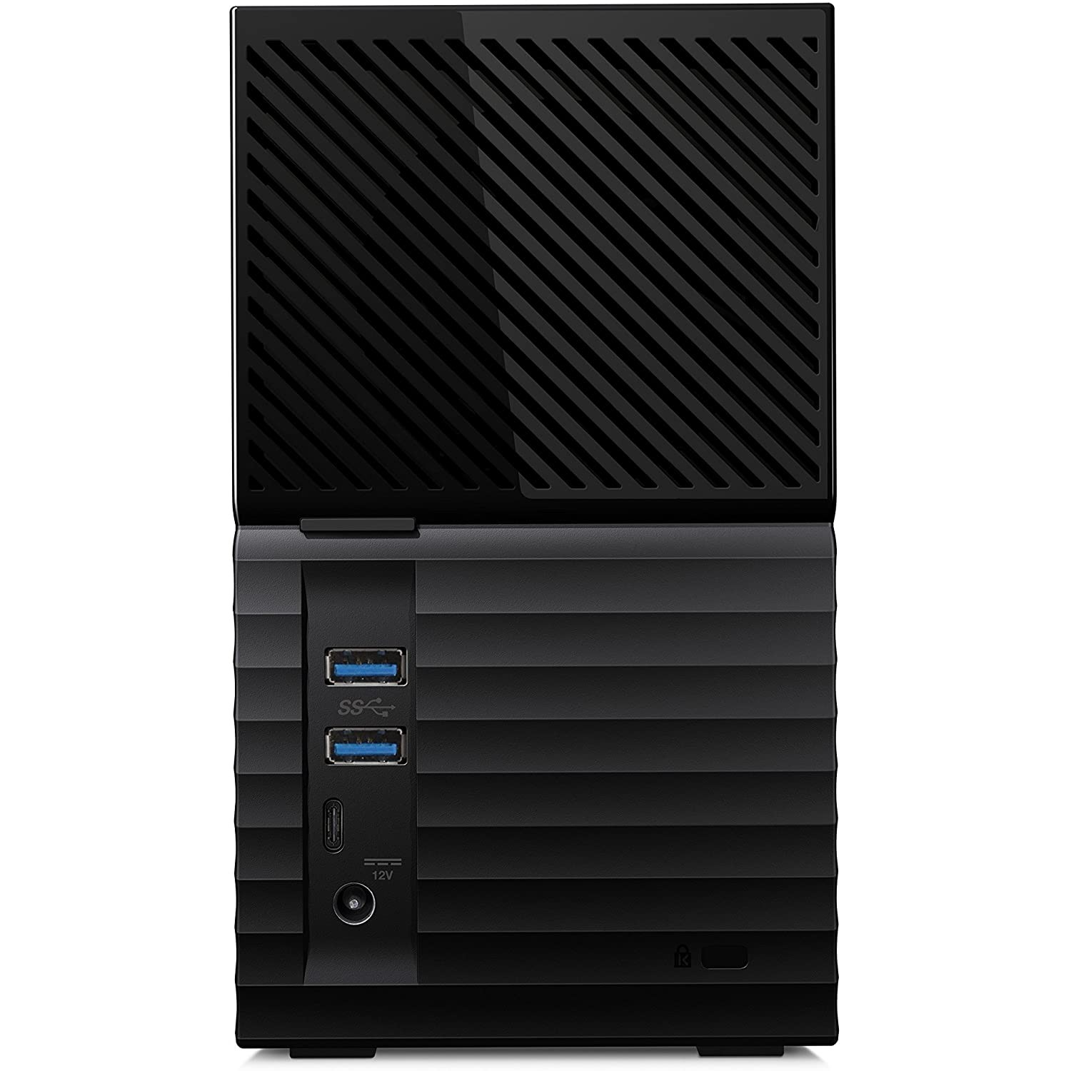 Disco duro externo negro con puertos USB. La parte superior tiene ventilación.
