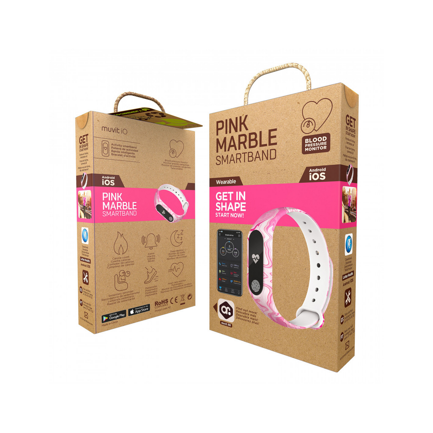 Pulsera de actividad infantil - Muvit iO MIOSMB028, Para niños Presión sanguínea, Podómetro, Pulsómetro, Pink Marmol