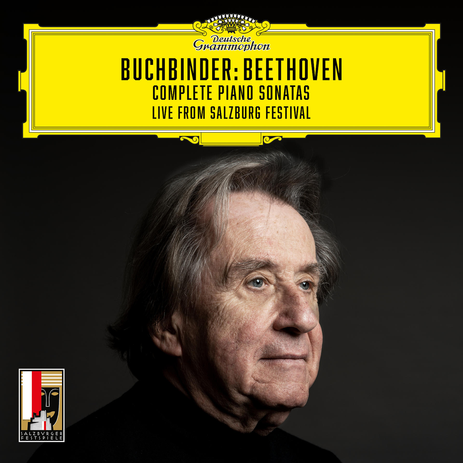 Albumcover: Mann mit grauem Haar, Text oben und gelber Rand.