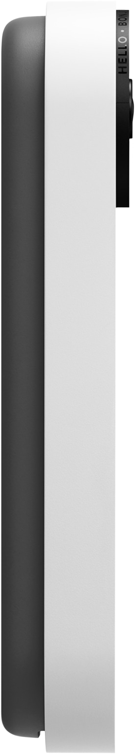 Een wit en zwart apparaat met de woorden "Hello World" bovenaan. Het is een zijaanzicht.