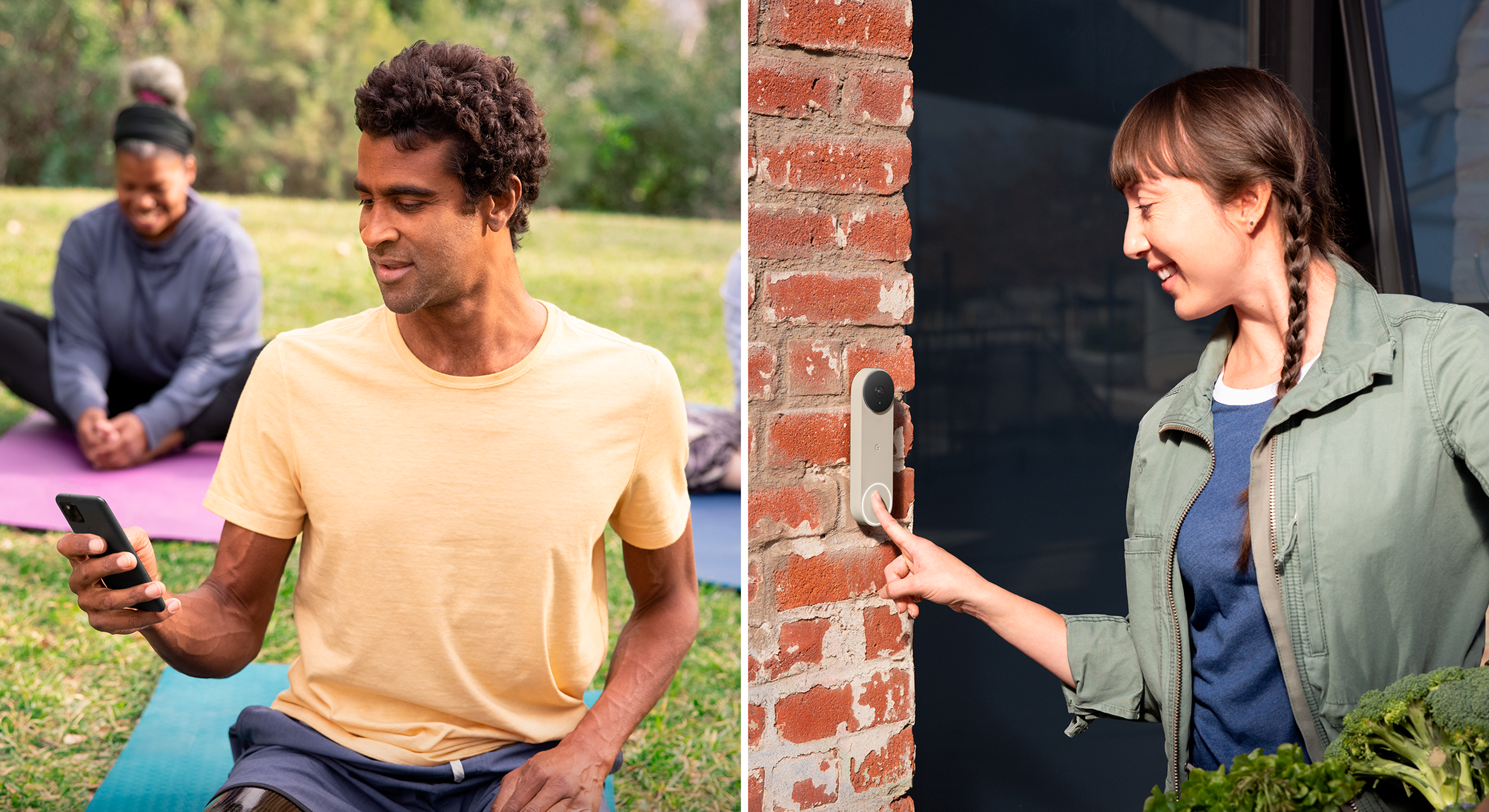 Een man die een telefoon gebruikt en een vrouw die op een deurbel drukt, met een man op de achtergrond.