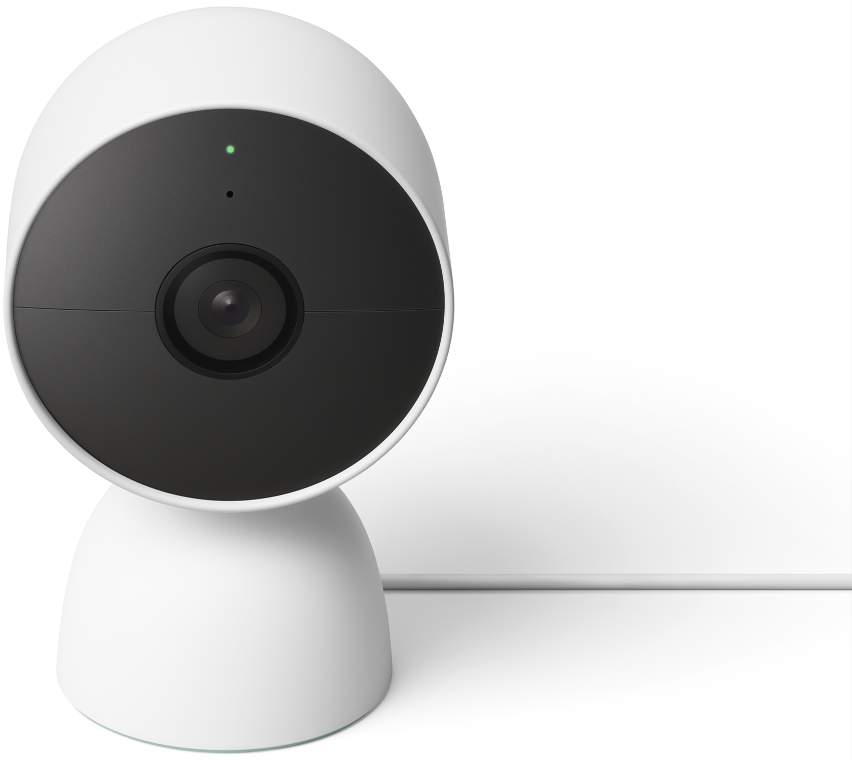 White security camera with a black lens and a green light on top.
