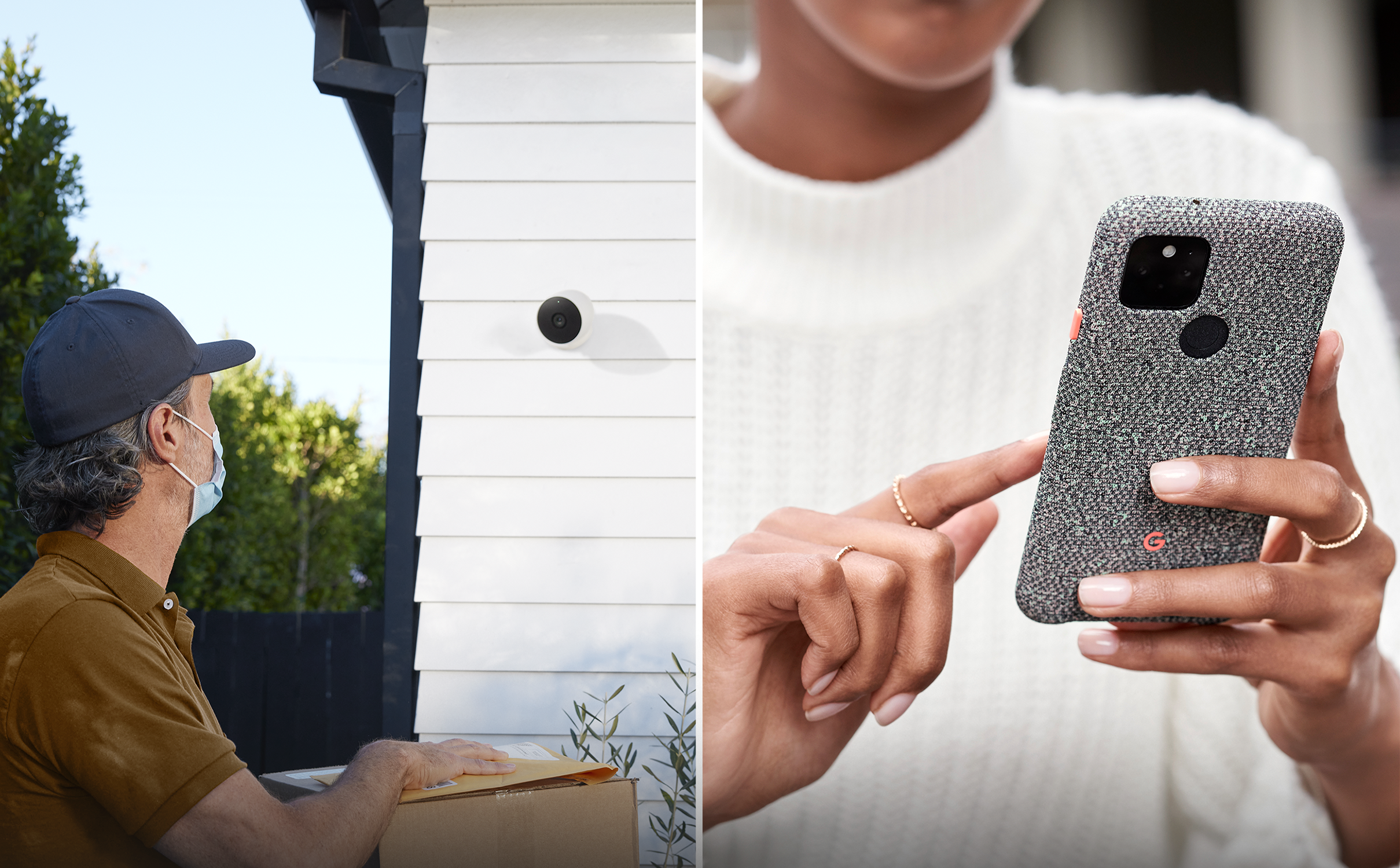 A delivery person with a mask and a woman with a phone. A security camera is mounted on a white wall.