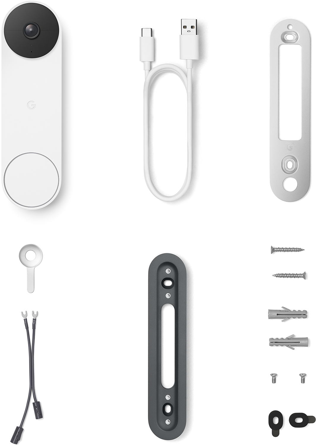 Deurbelcomponenten: deurbel, USB-kabel, montageplaten en schroeven.