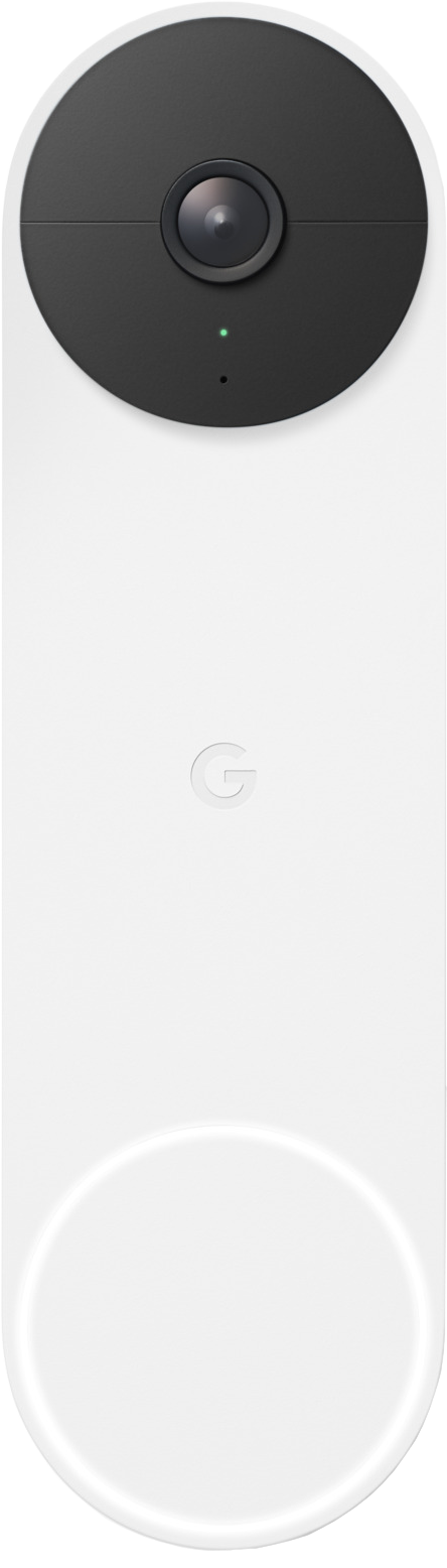 Witte Google Nest deurbel. Zwarte bovenkant met een camera en een klein groen licht. Lange vorm.