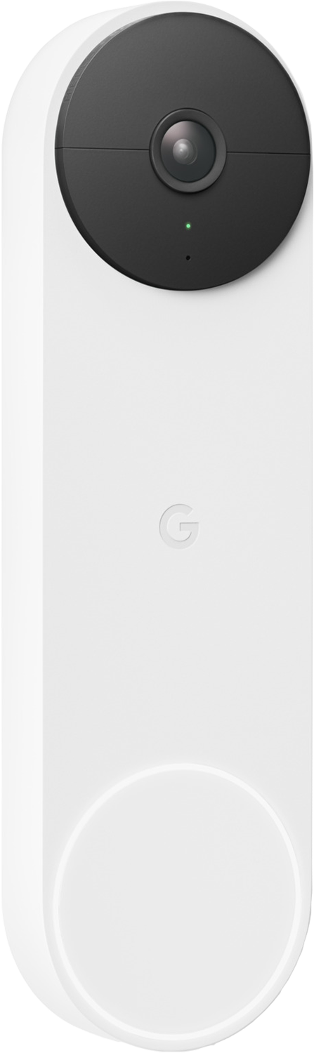 Witte Nest-deurbel met zwarte cameralens. Een groen lampje brandt.