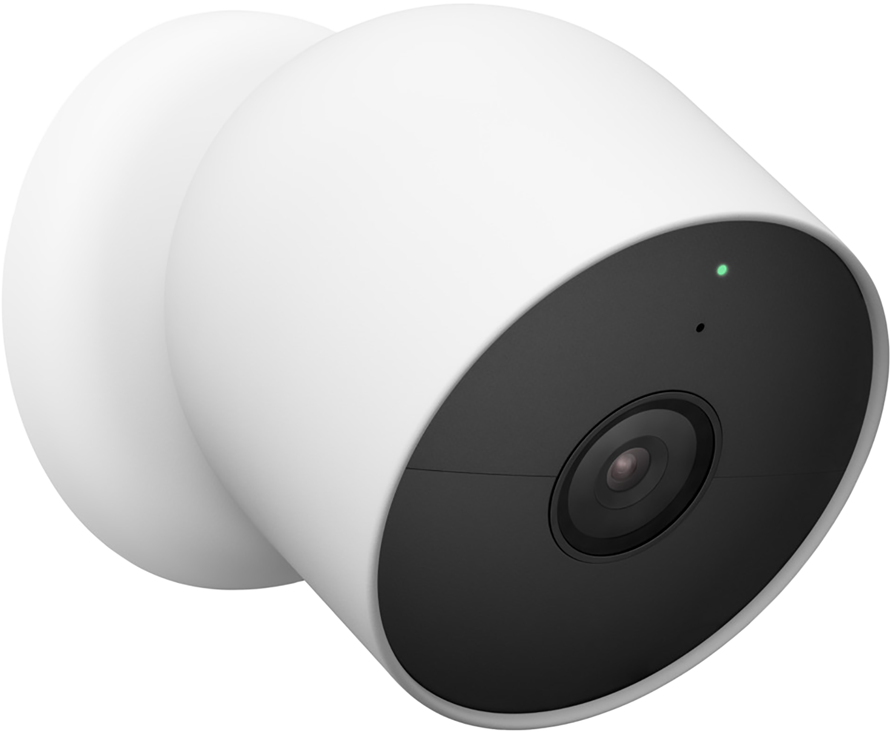 White Google Nest camera with a black lens and a green indicator light.