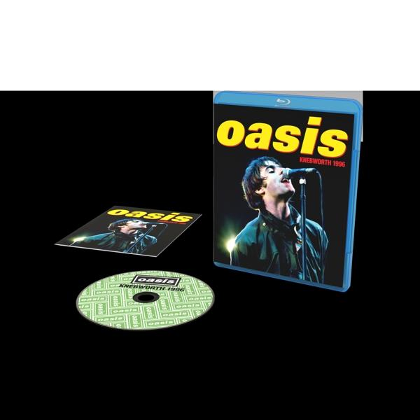 Oasis Knebworth 1996 Blu-ray en cd-set met een zwarte achtergrond.