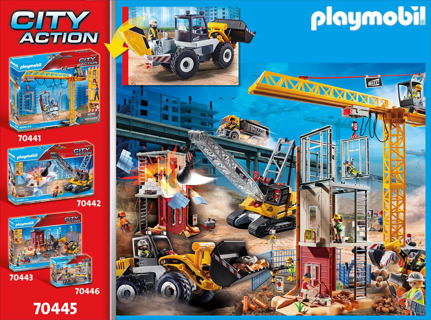 Playmobil City Action Spielzeug, darunter Baustellenszenen, Fahrzeuge und Figuren.