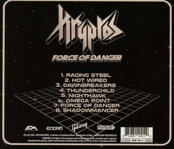Rückseite des Albums 'Force of Danger'. Enthält Titelliste, Bandlogo und Credits.