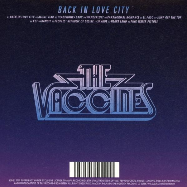 Albumcover für 'Back in Love City' von The Vaccines, blauer Hintergrund mit Titeln.