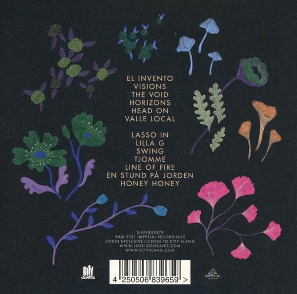 Dunkler Hintergrund mit bunten Blumengrafiken und Text sowie einem Barcode unten.