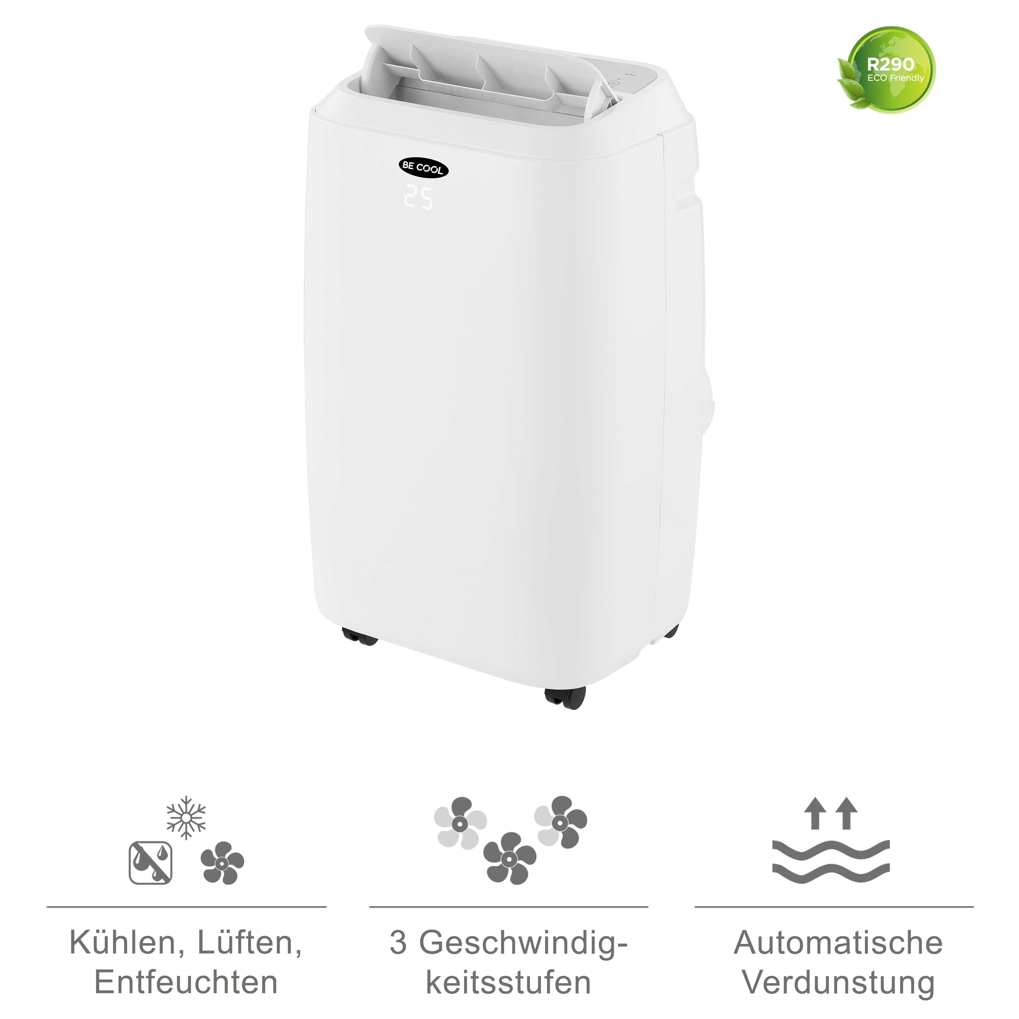 Weißes tragbares Klimagerät mit Digitalanzeige und Symbolen. Weißer Hintergrund mit Schatten.