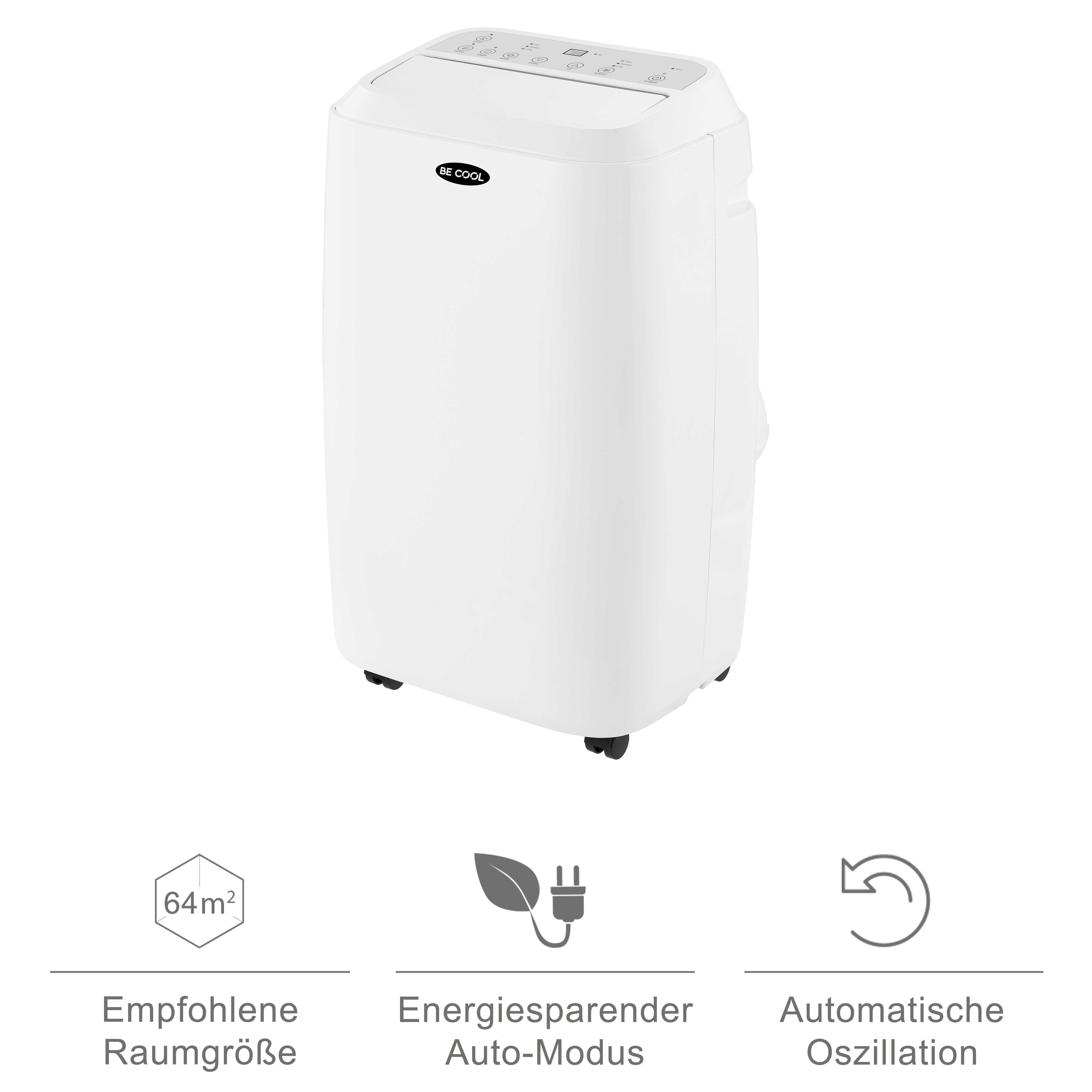 Weißer tragbarer Klimaanlage. Merkmale: Automatikmodus, Oszillation und empfohlene Raumgröße von 64 m².