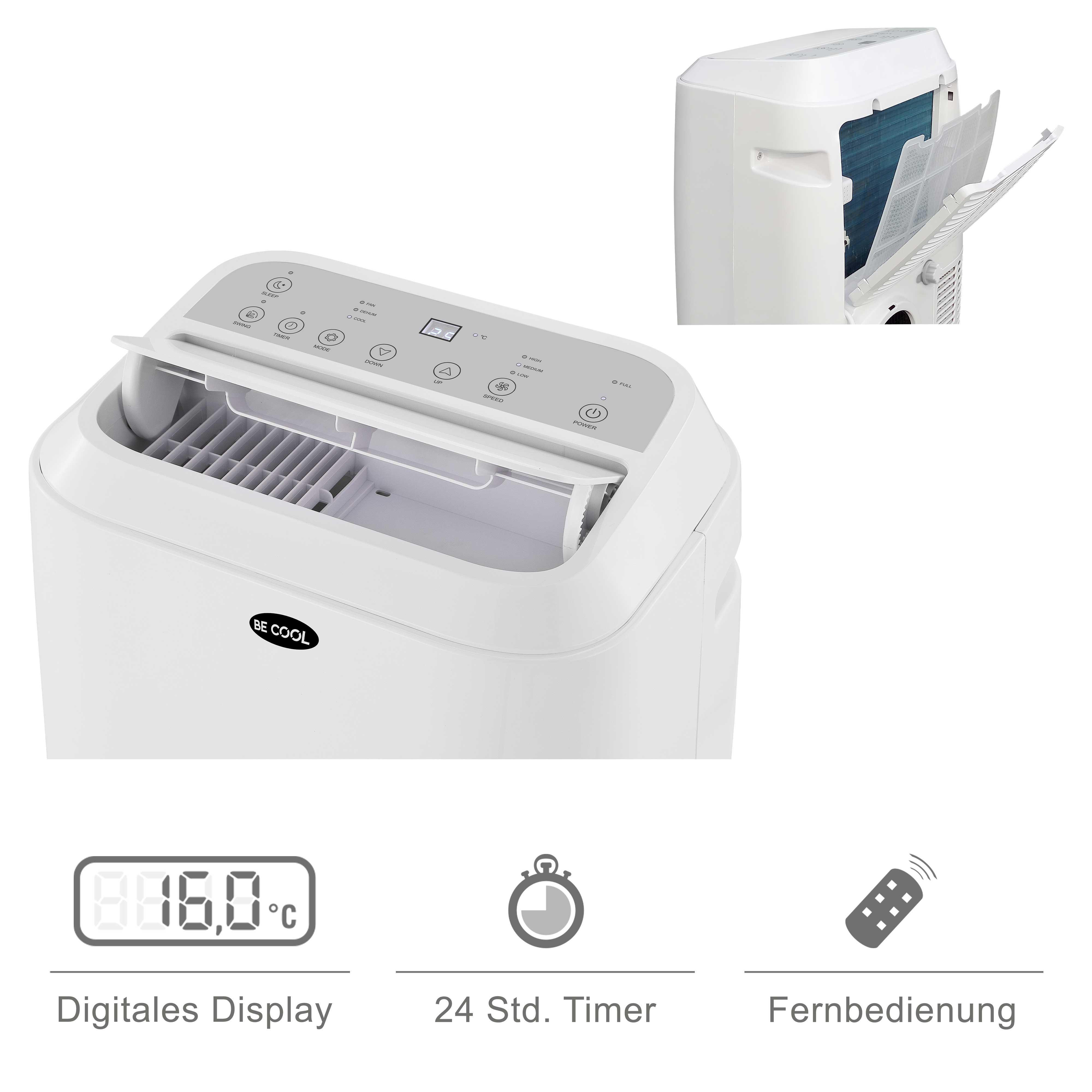 Weißer Luftkühler mit offenem Deckel, Bedienfeld und Digitalanzeige mit 16,0 °C.