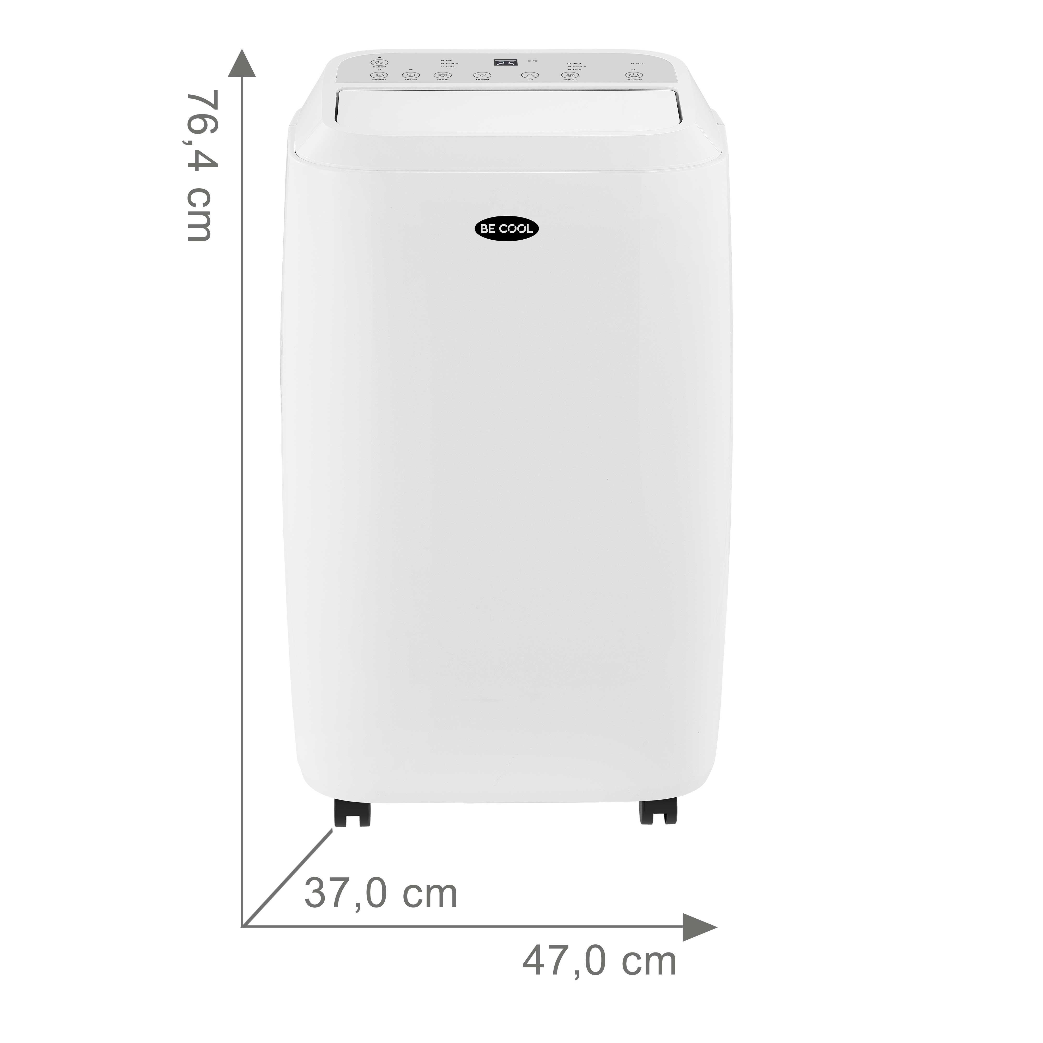Weißer Klimaanlage. Es hat die Worte 'BE COOL'. Abmessungen sind 76,4 cm x 47 cm x 37 cm.