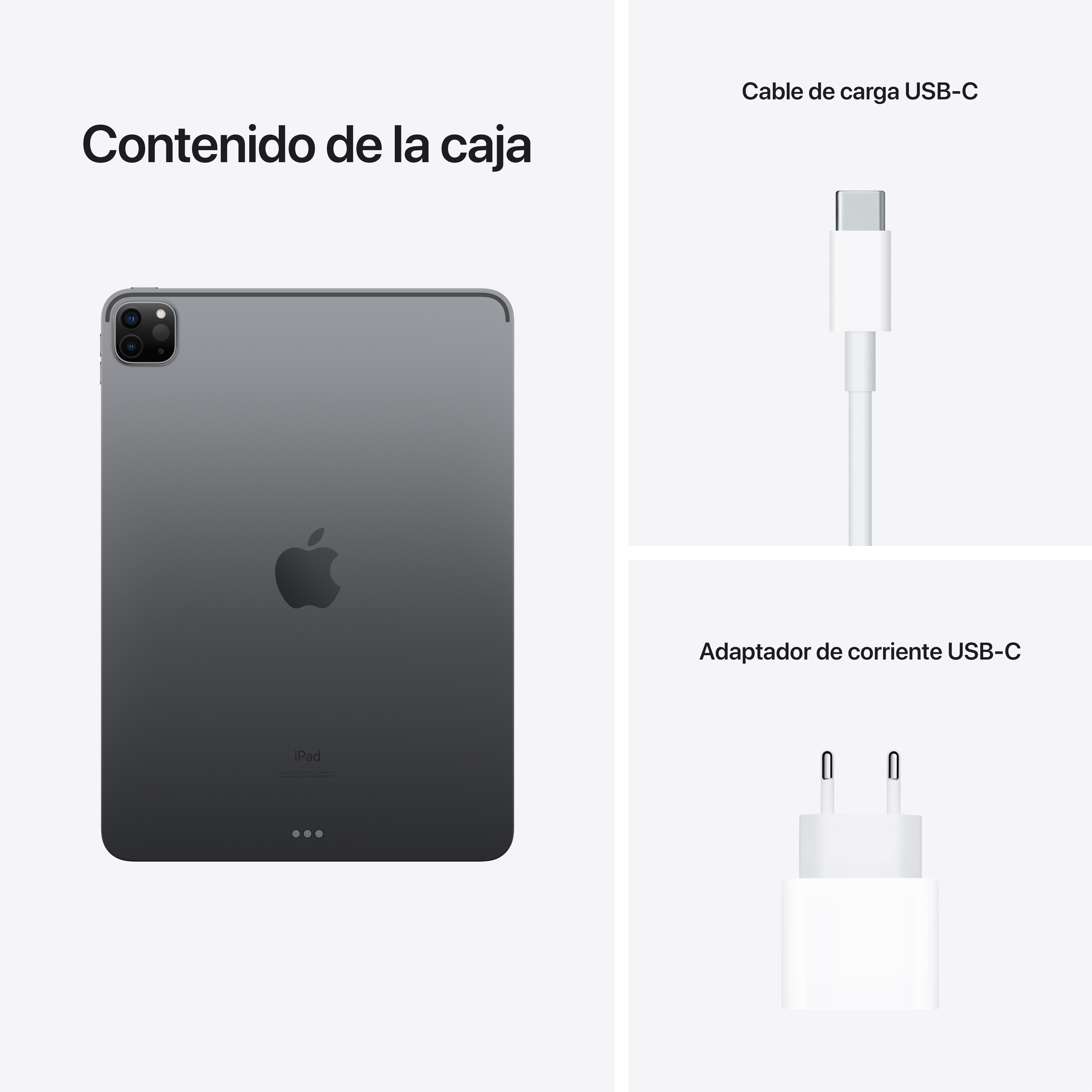 Tableta, cable de carga USB-C y adaptador de corriente USB-C.
