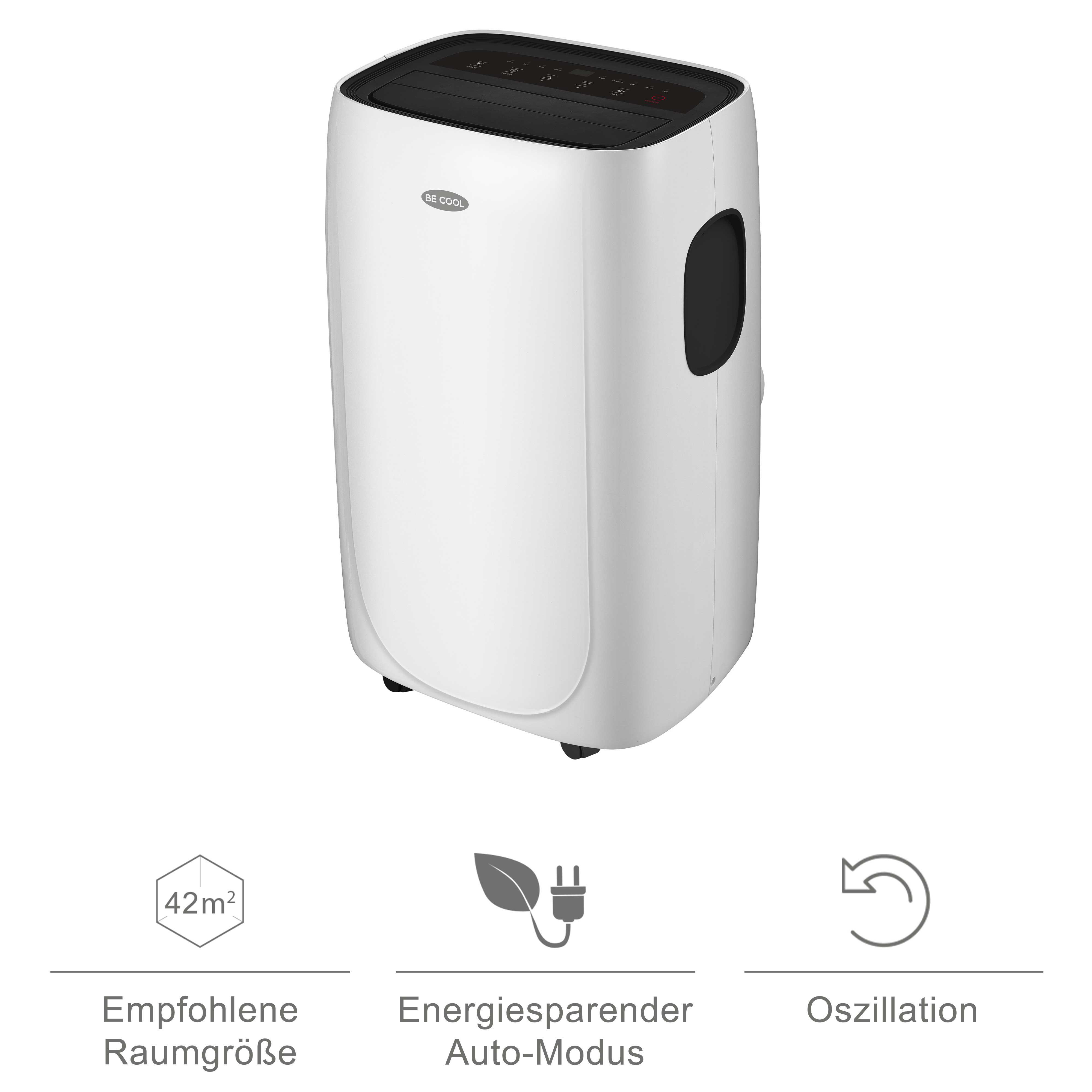 Weißer tragbarer Klimaanlage mit schwarzem Oberteil und Bedienelementen.