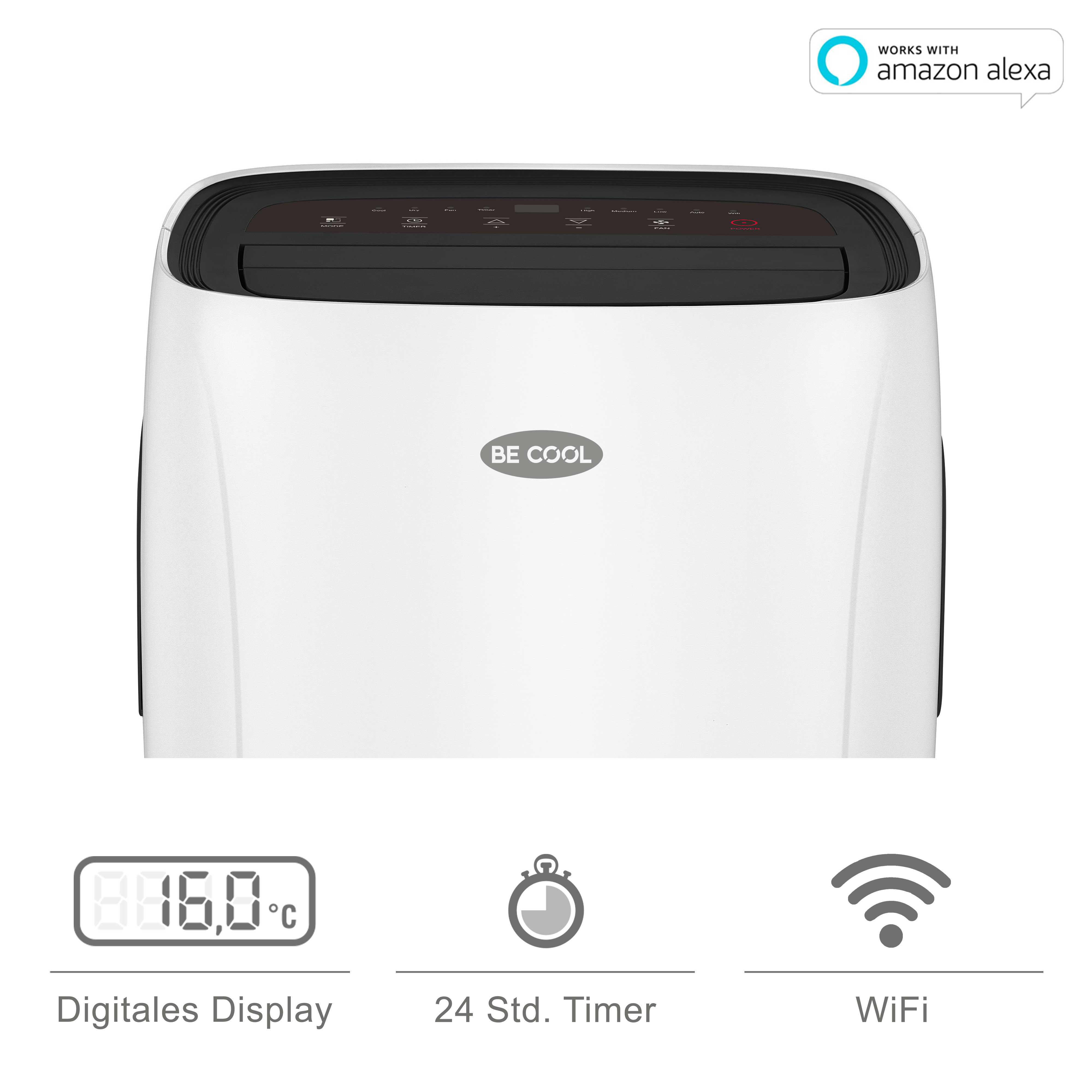 Eine weiße Klimaanlage mit digitaler Anzeige, Timer und WLAN-Symbol wird gezeigt.