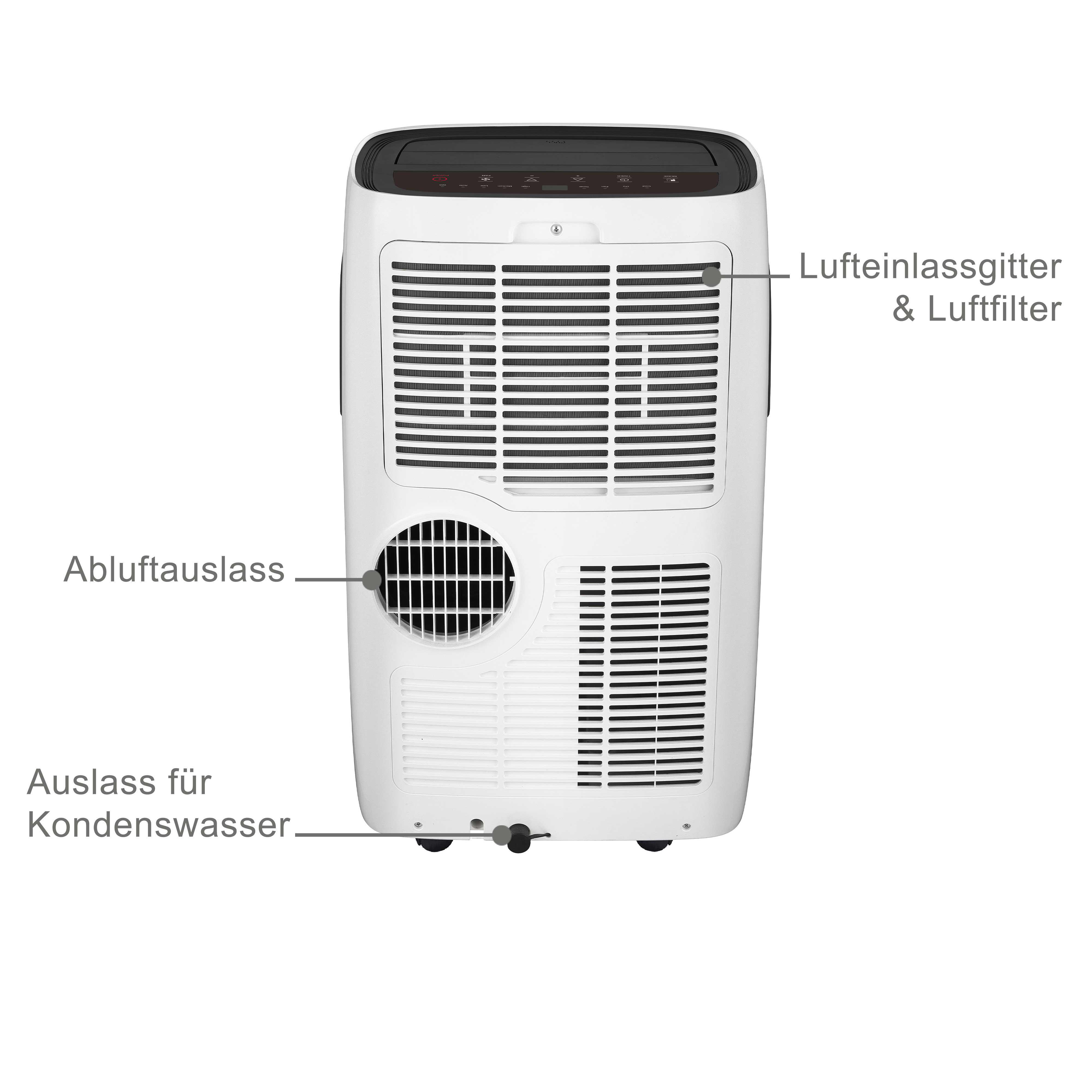 Rückansicht eines weißen tragbaren Klimageräts. Zeigt Lufteinlass und -auslass sowie Wasserauslass.