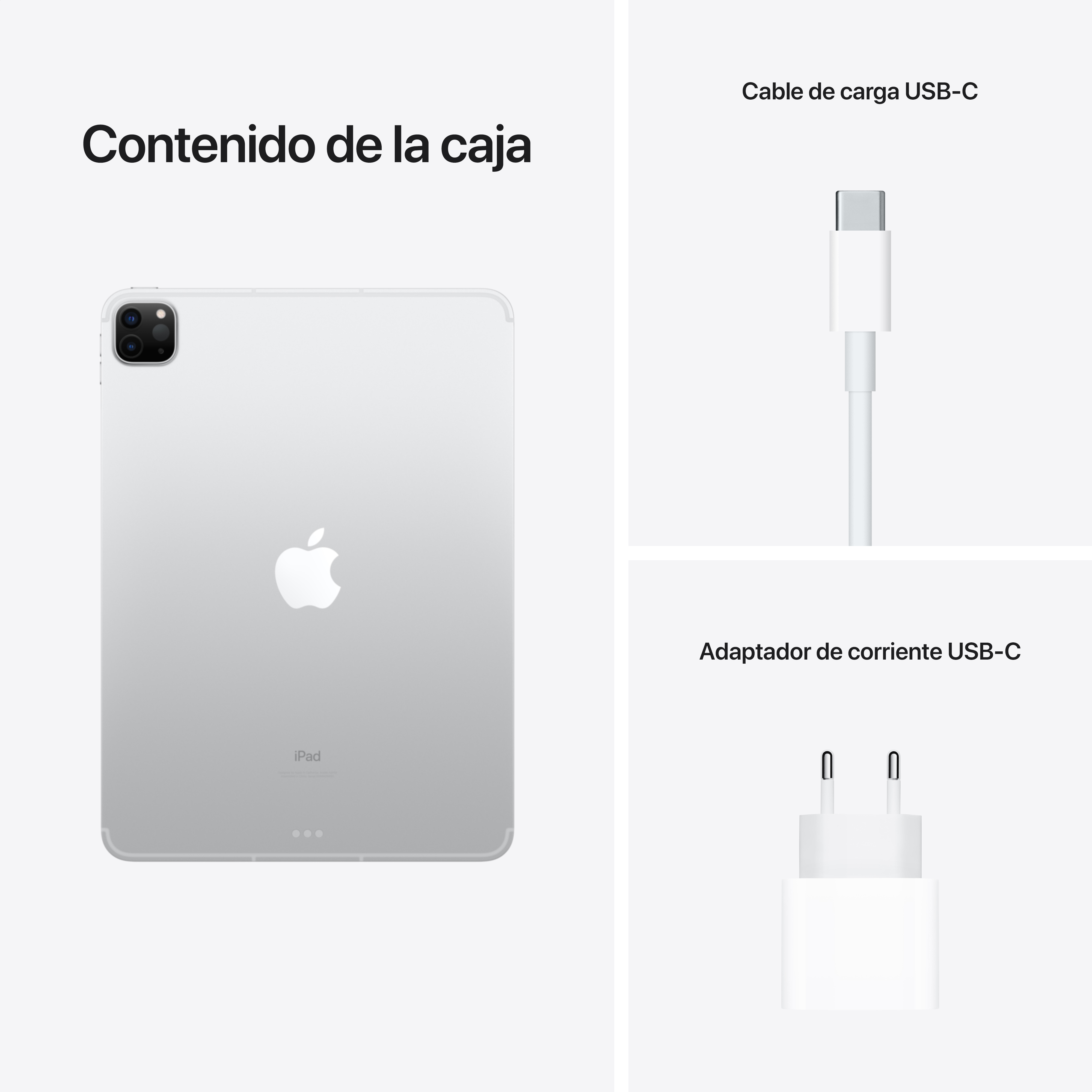 iPad Pro plateado con cable USB-C y adaptador de corriente sobre fondo blanco, texto en español.