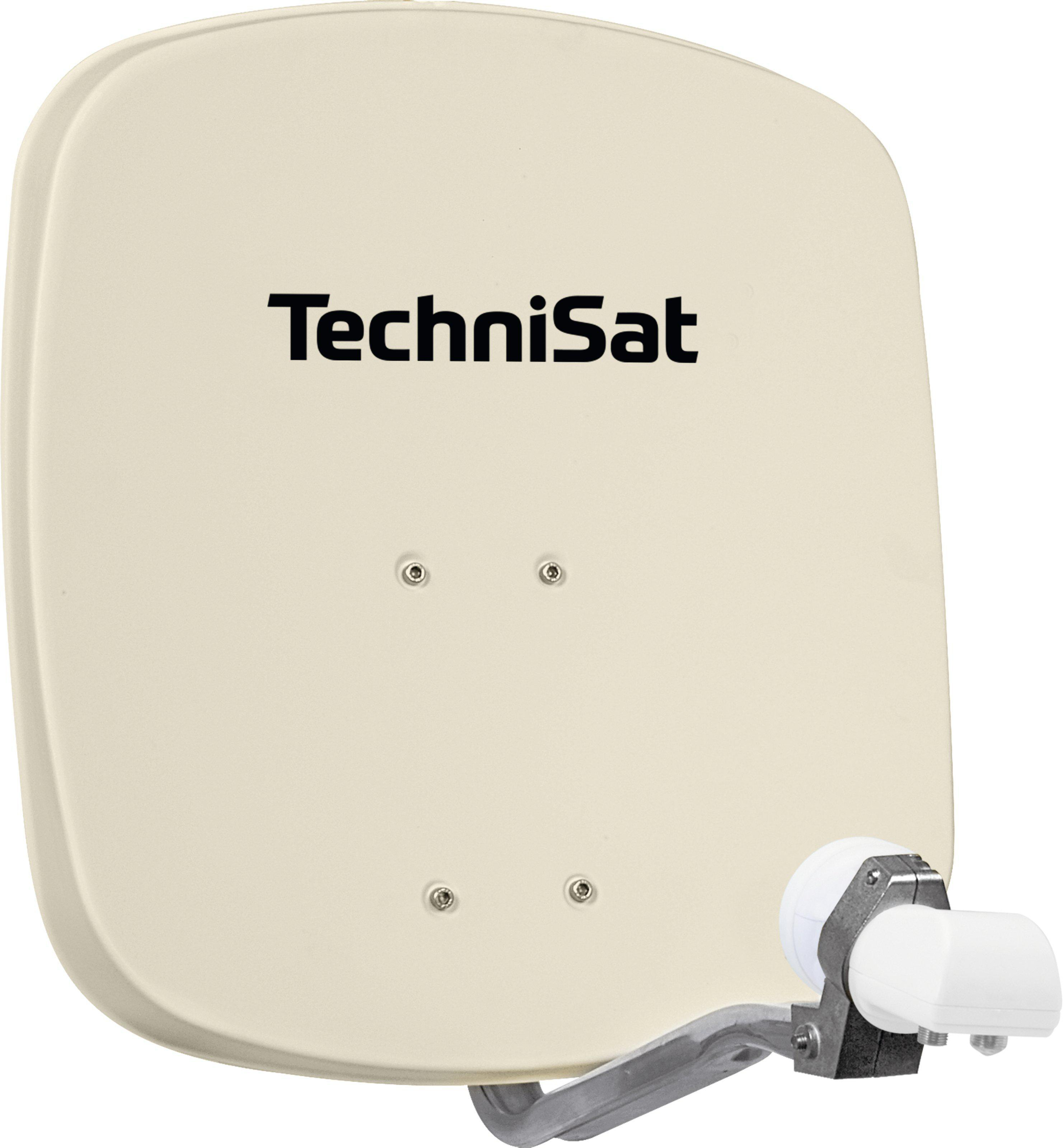 Eine cremefarbene Satellitenschüssel mit dem TechniSat-Logo. Sie hat einen weißen LNB und einen Montagearm.