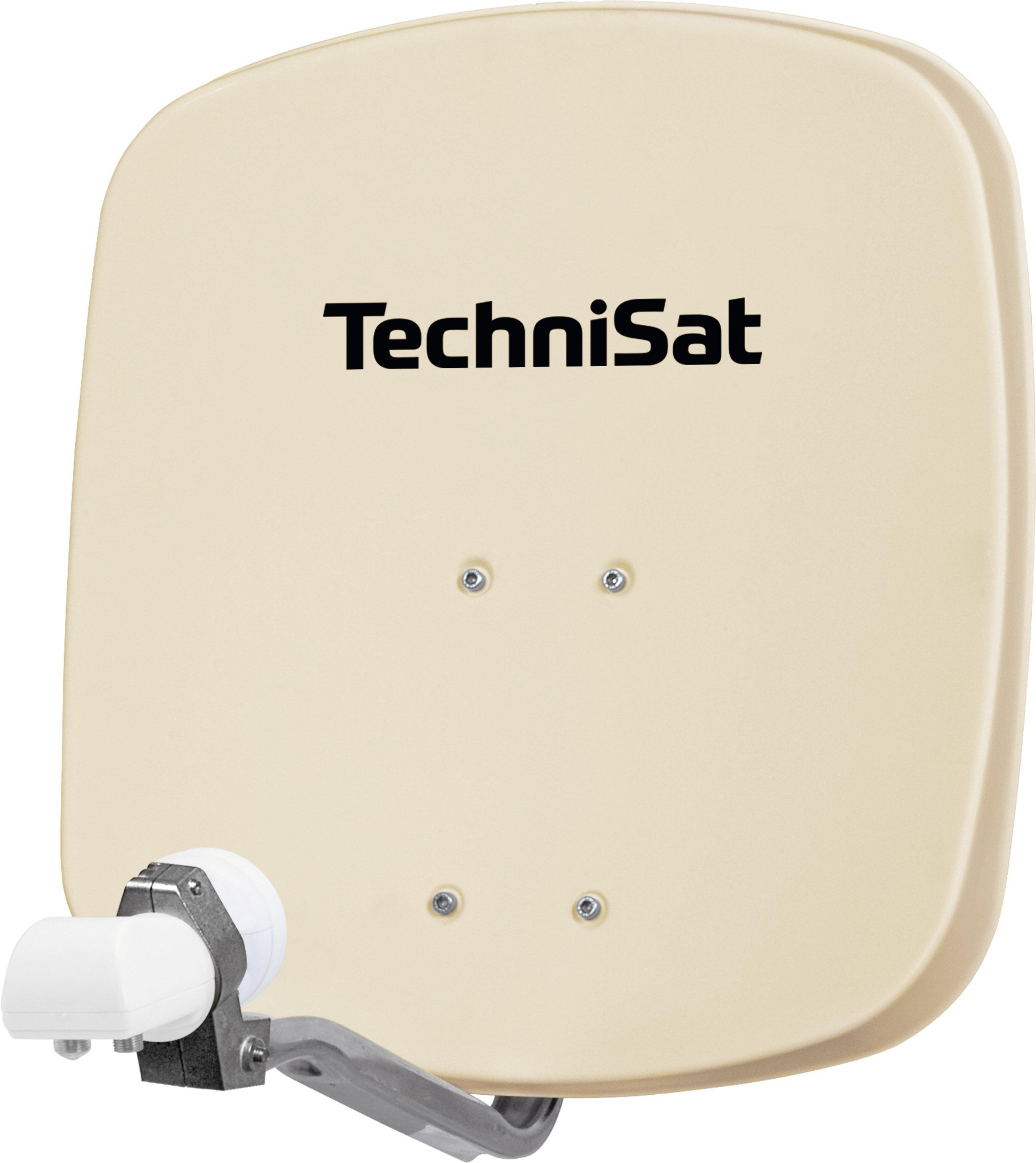 Beige TechniSat Satellitenschüssel. Das TechniSat-Logo befindet sich oben.