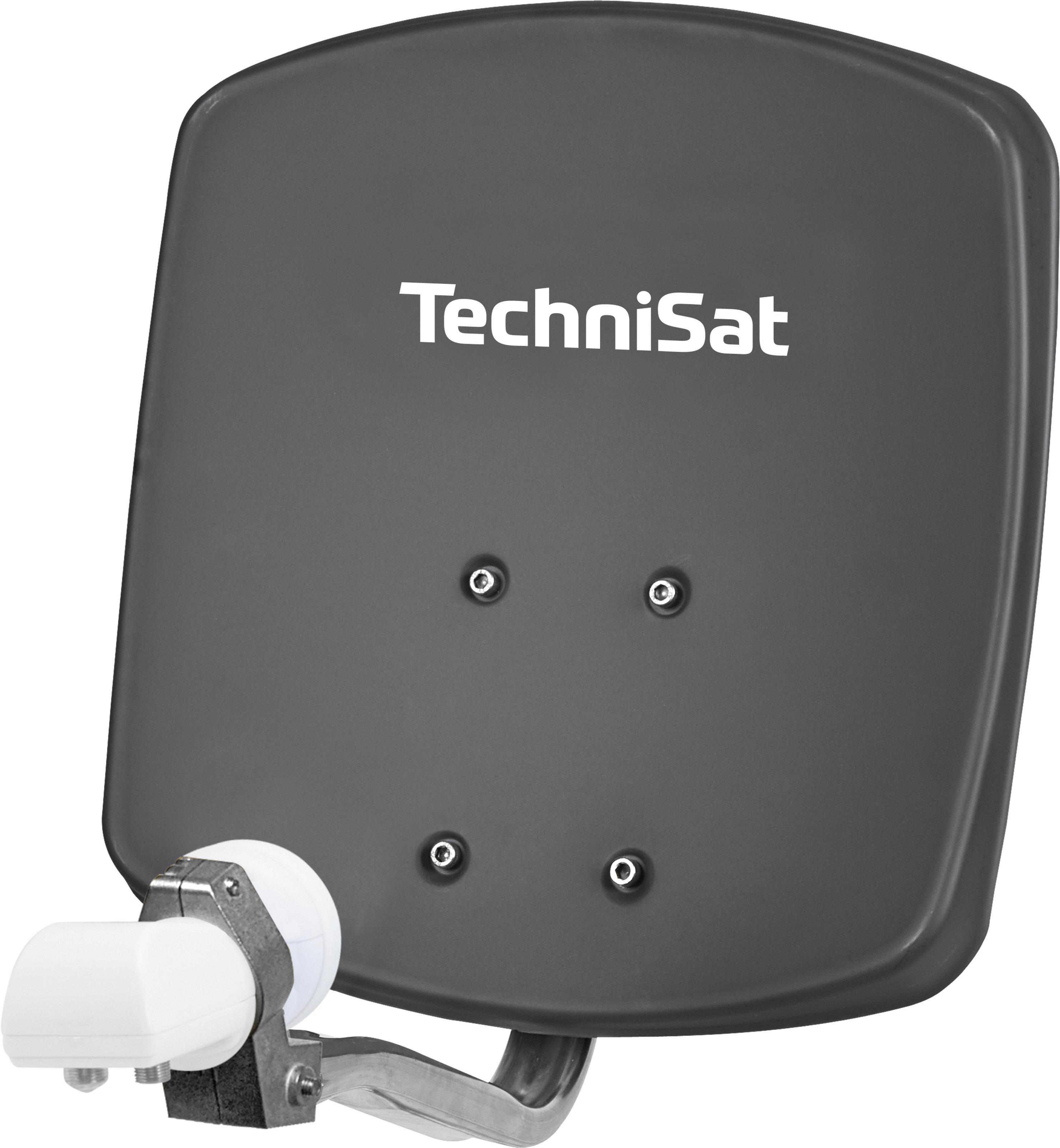 Schwarze Satellitenschüssel mit weißem LNB-Arm. Das TechniSat-Logo ist deutlich sichtbar.
