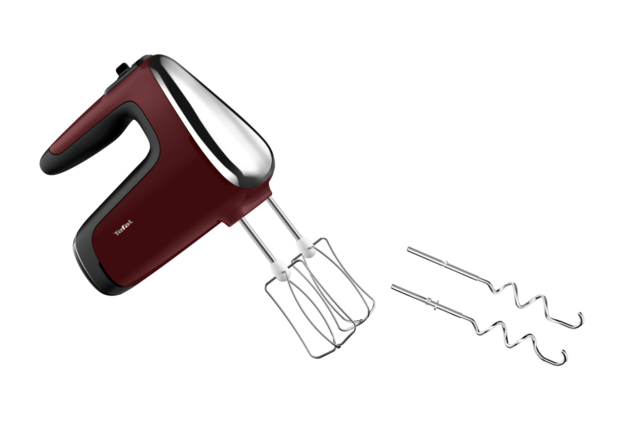 A red and silver hand mixer with beaters, on a white background.