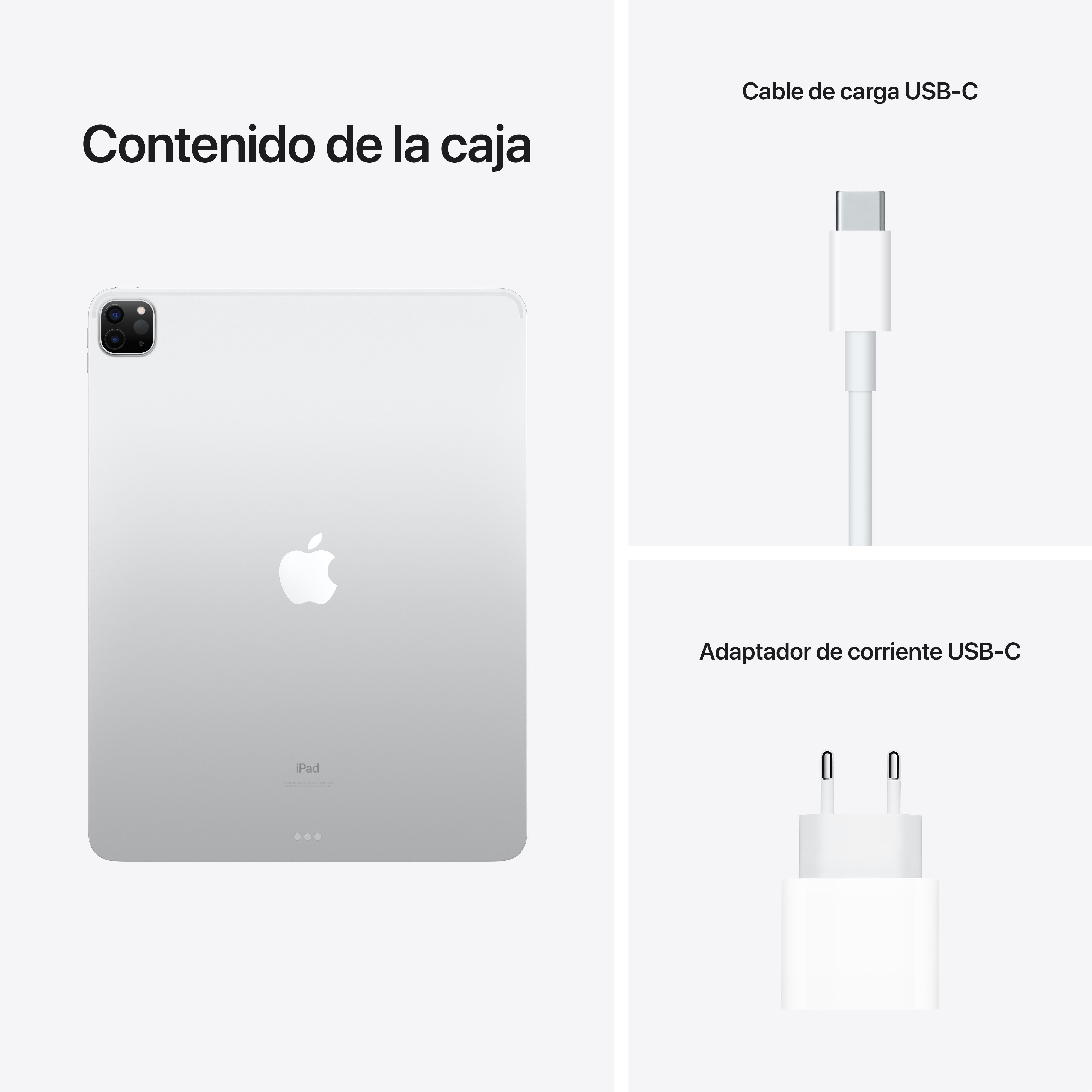 iPad Pro blanco, cable de carga USB-C y adaptador de corriente USB-C, todo sobre un fondo blanco. Texto en español.