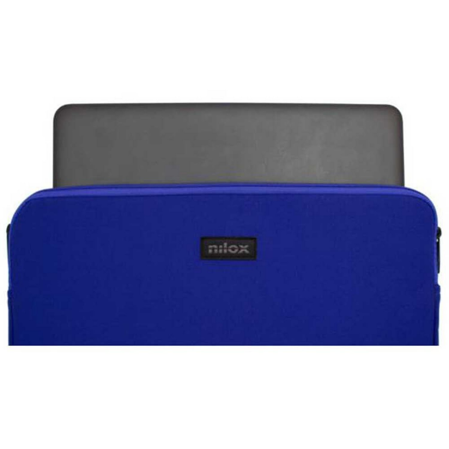 Funda azul para portátil, con un portátil parcialmente insertado.